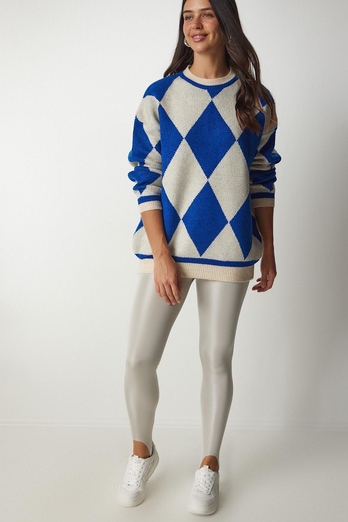 Blue Diamond Pattern Oversized Knitwear Sweater, , large image number 0
