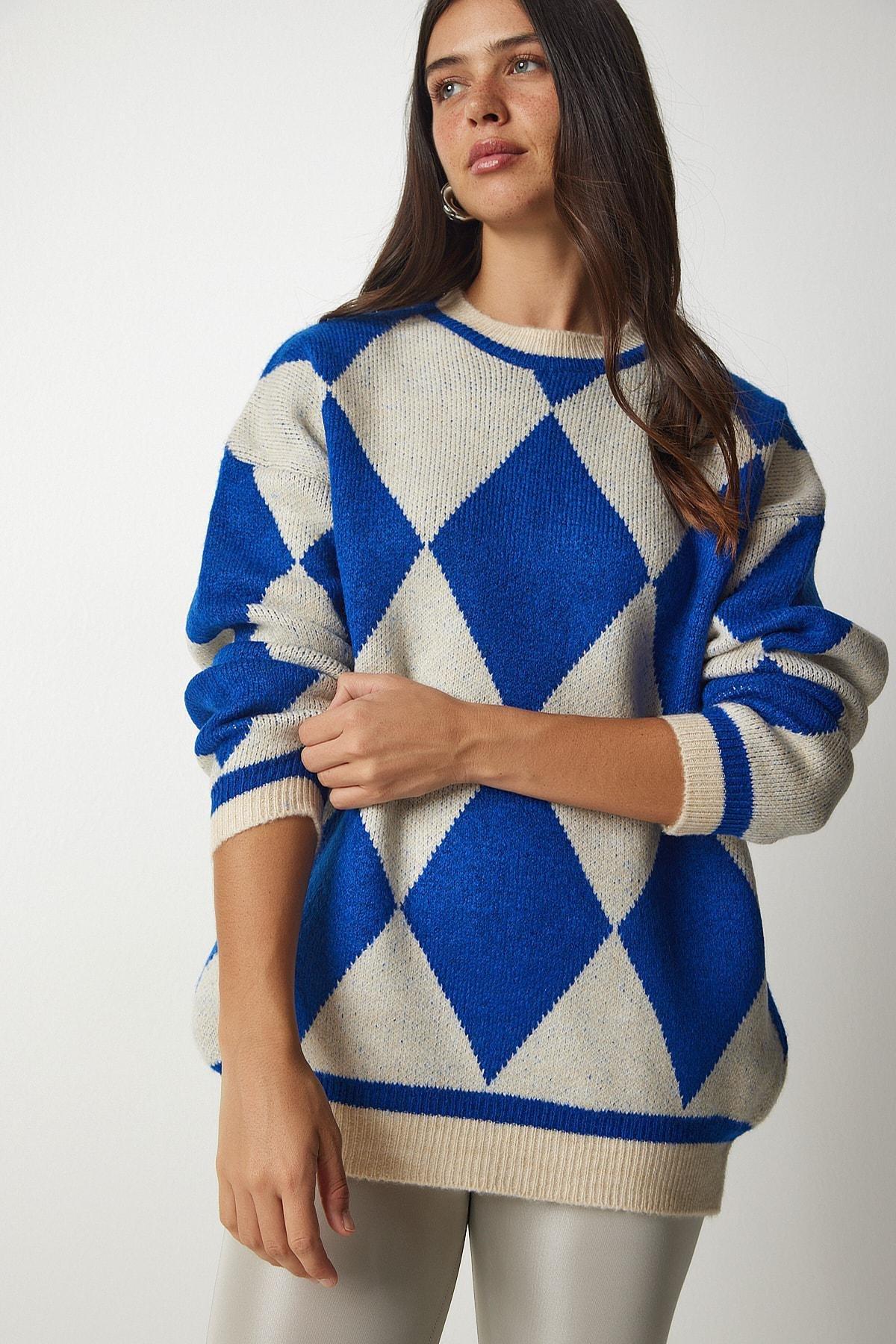Blue Diamond Pattern Oversized Knitwear Sweater, , large image number 1
