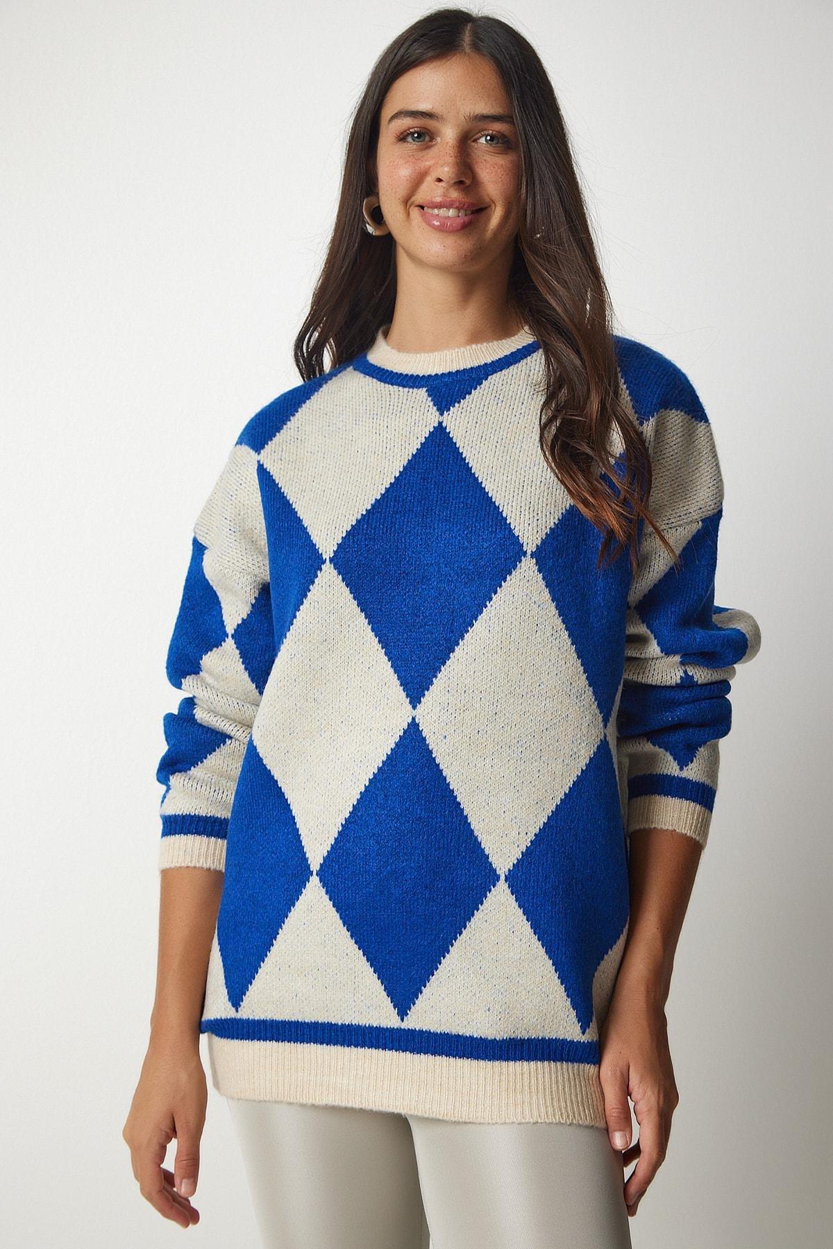 Blue Diamond Pattern Oversized Knitwear Sweater, , large image number 3