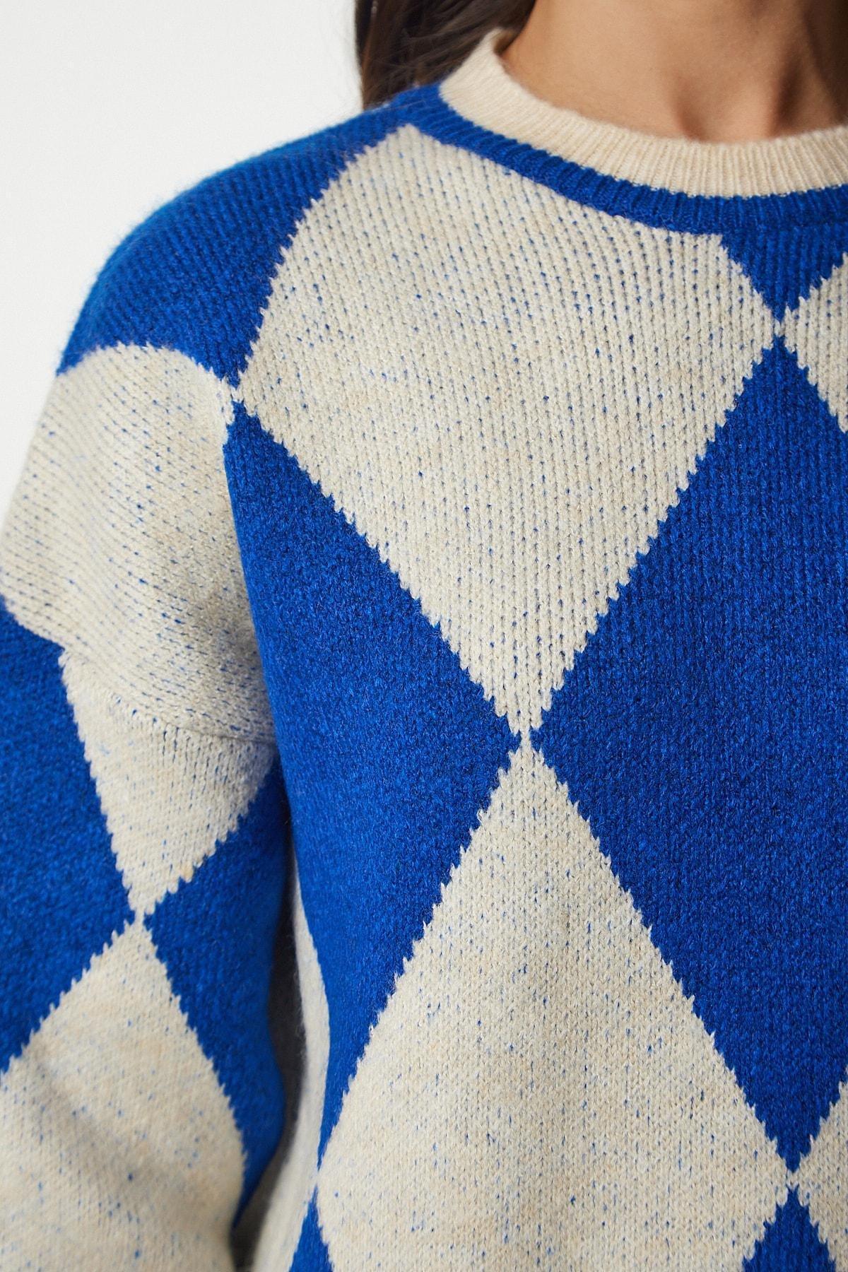 Blue Diamond Pattern Oversized Knitwear Sweater, , large image number 4