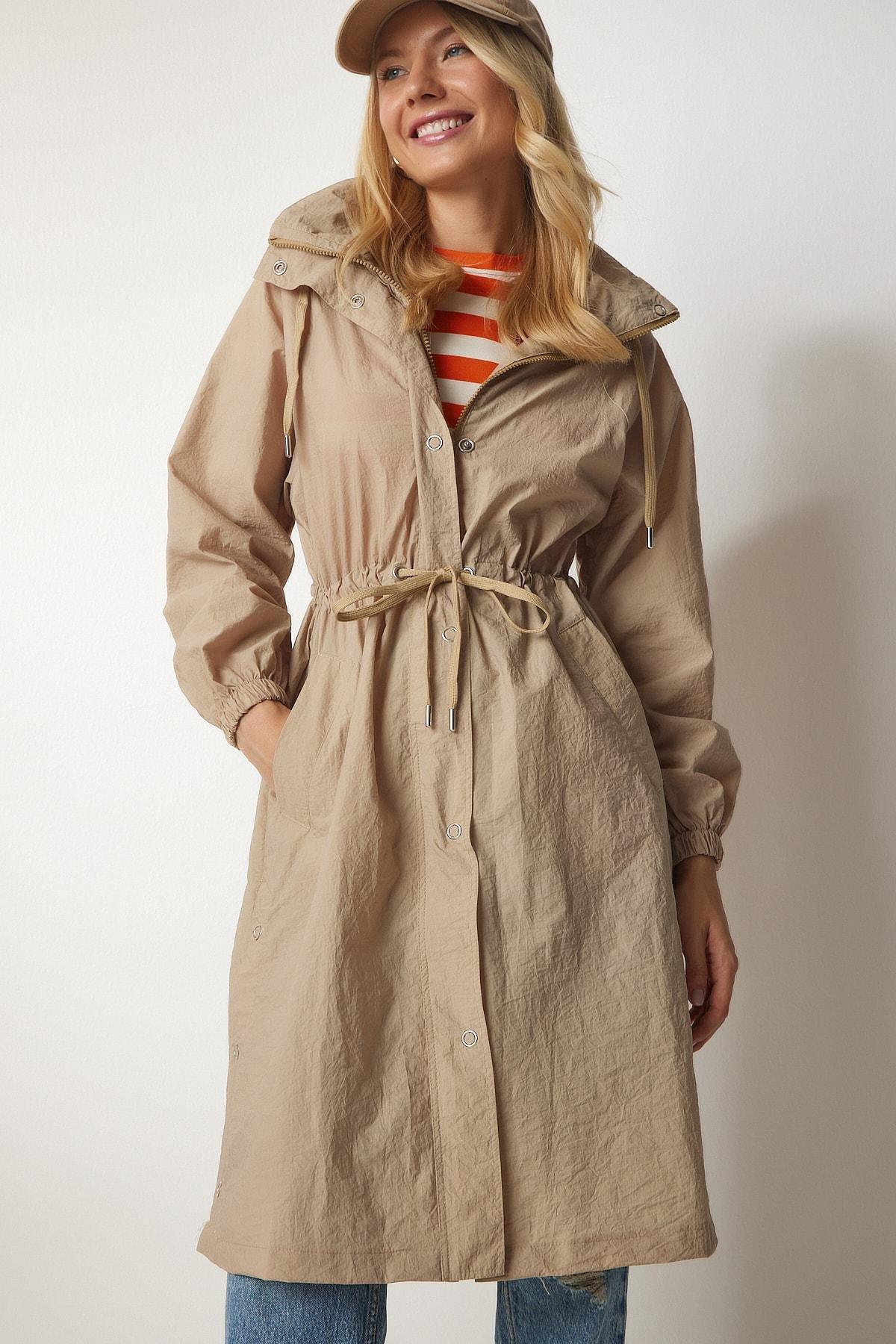 Brown Concealed Hoodie Seasonal Trench Coat, CAMEL, large image number 0