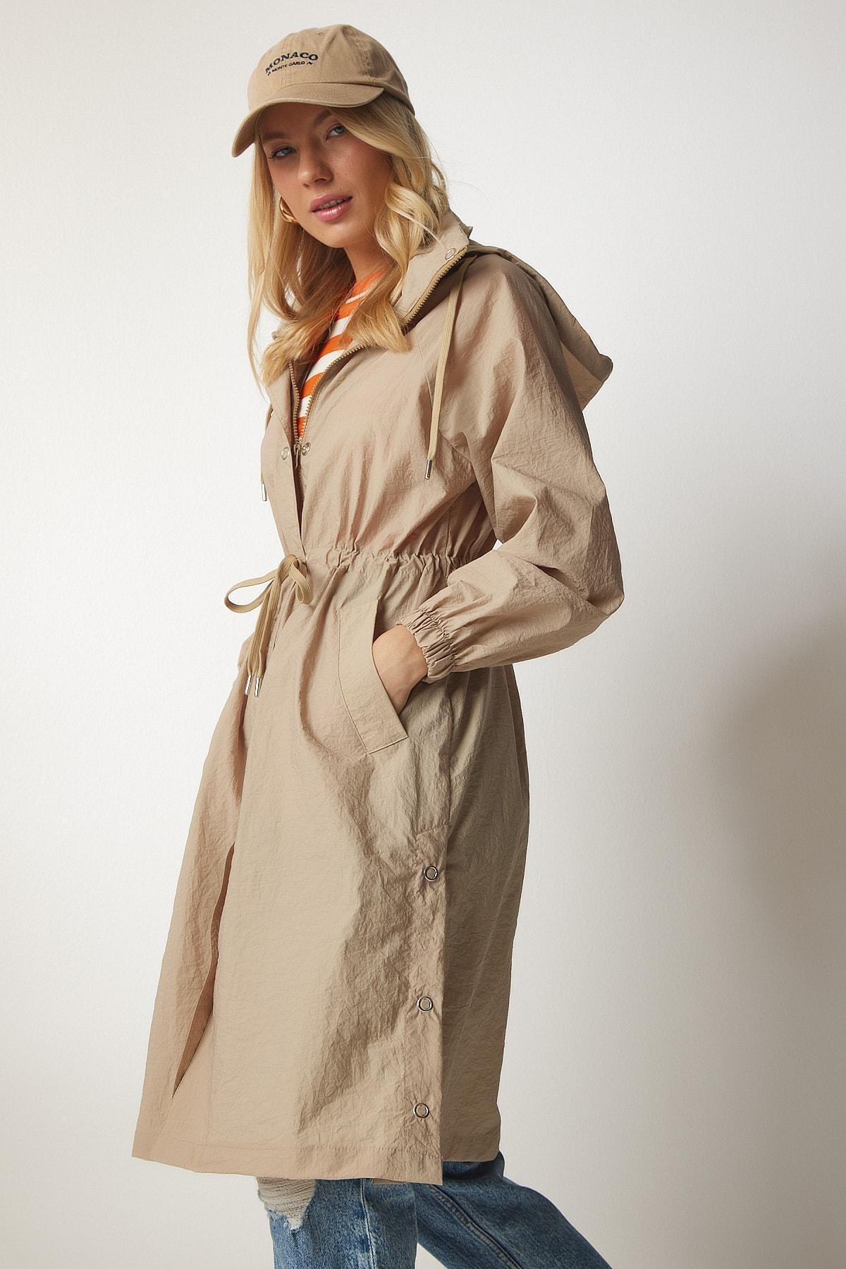 Brown Concealed Hoodie Seasonal Trench Coat, CAMEL, large image number 1