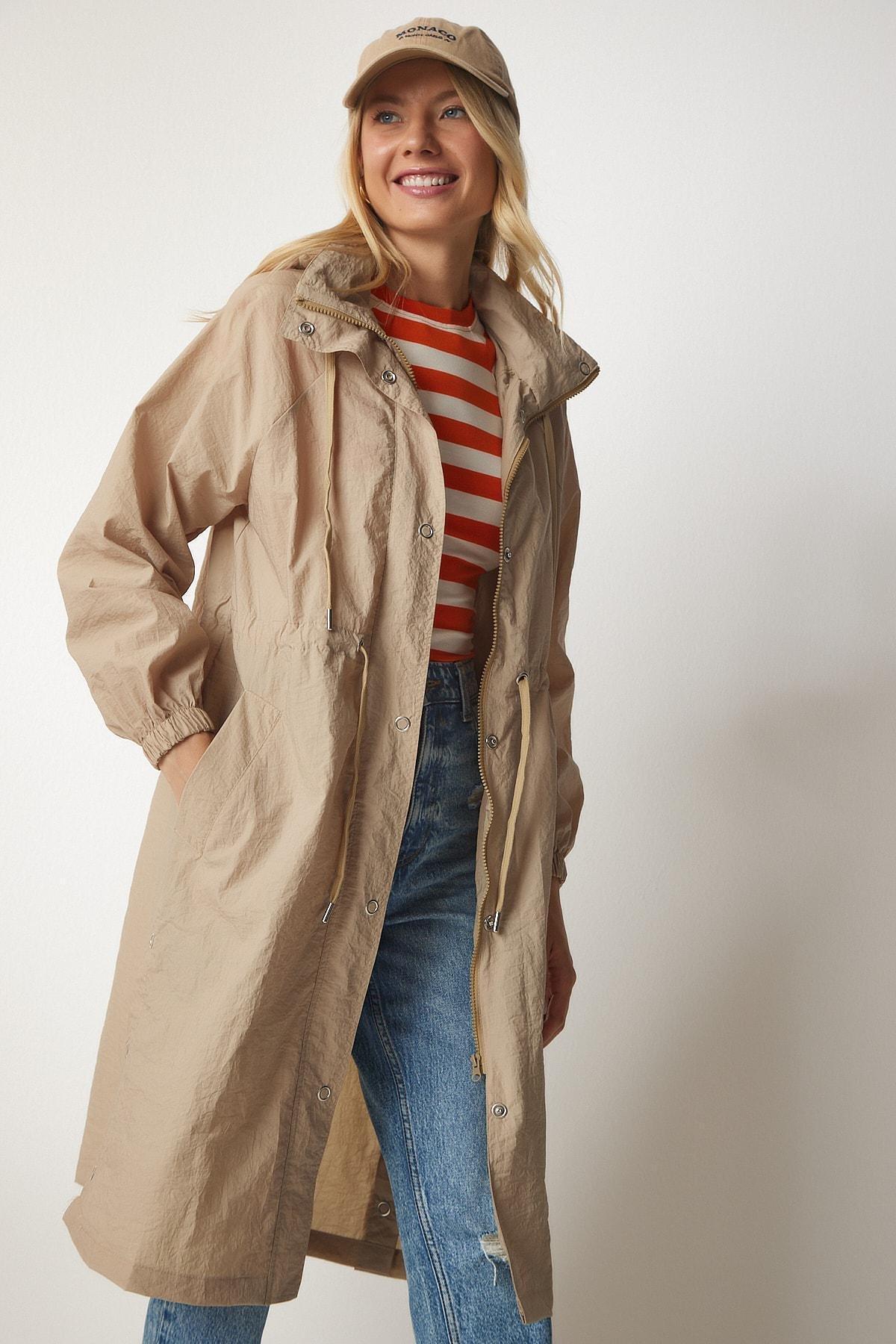 Brown Concealed Hoodie Seasonal Trench Coat, CAMEL, large image number 3