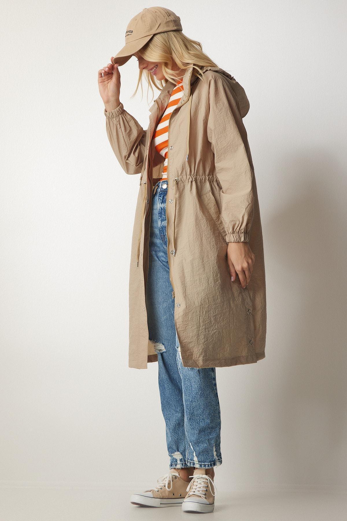 Brown Concealed Hoodie Seasonal Trench Coat, CAMEL, large image number 4