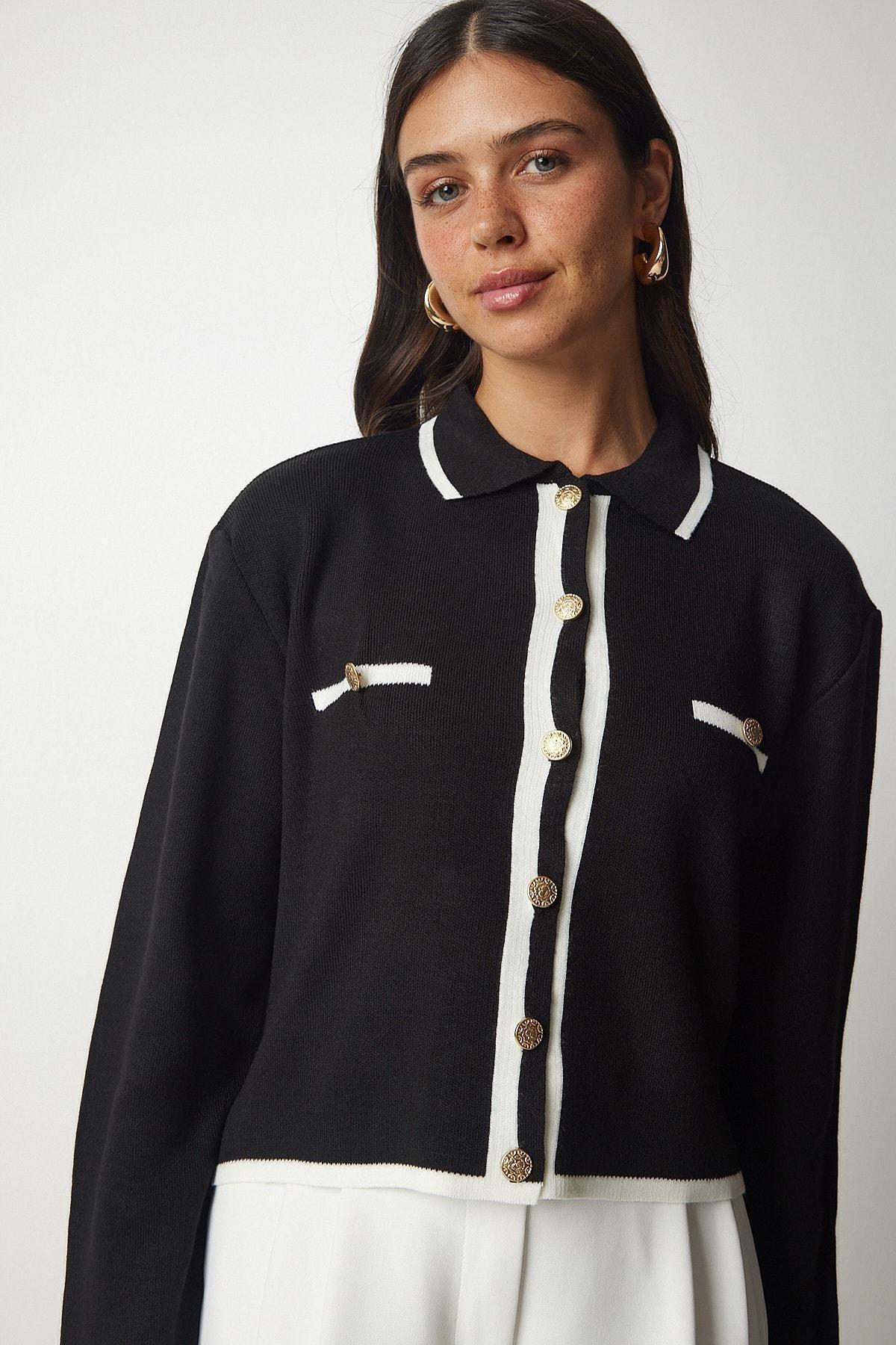 Black Stripe Detailed Knitwear Cardigan, BLACK, large image number 0