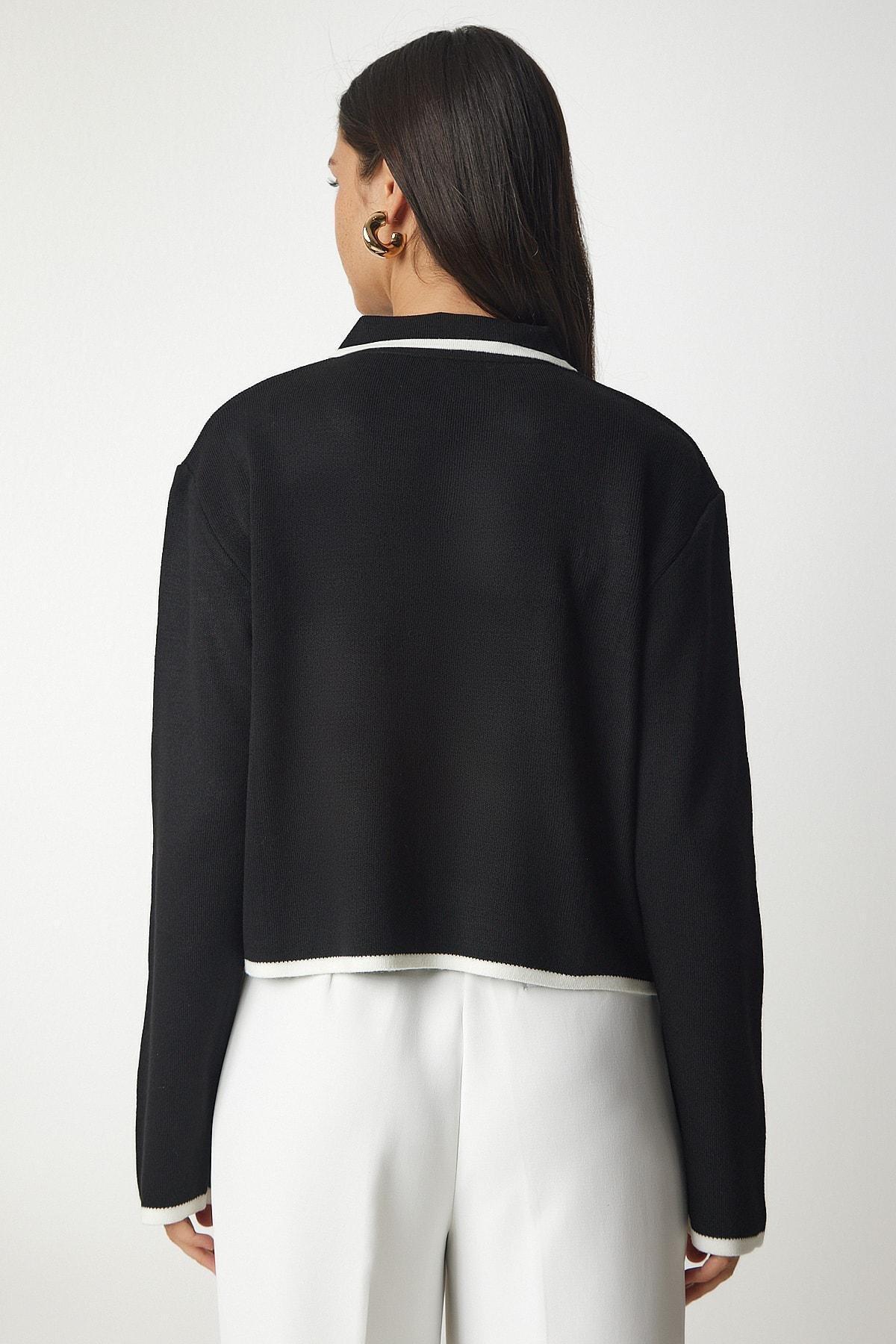 Black Stripe Detailed Knitwear Cardigan, BLACK, large image number 2