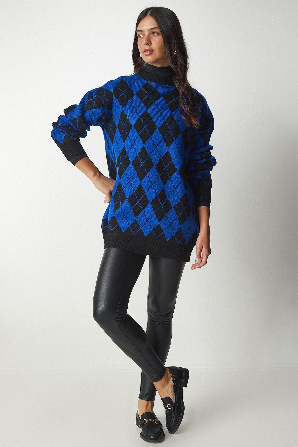 Blue Diamond Pattern Oversized Knitwear Sweater, Blue, large image number 0