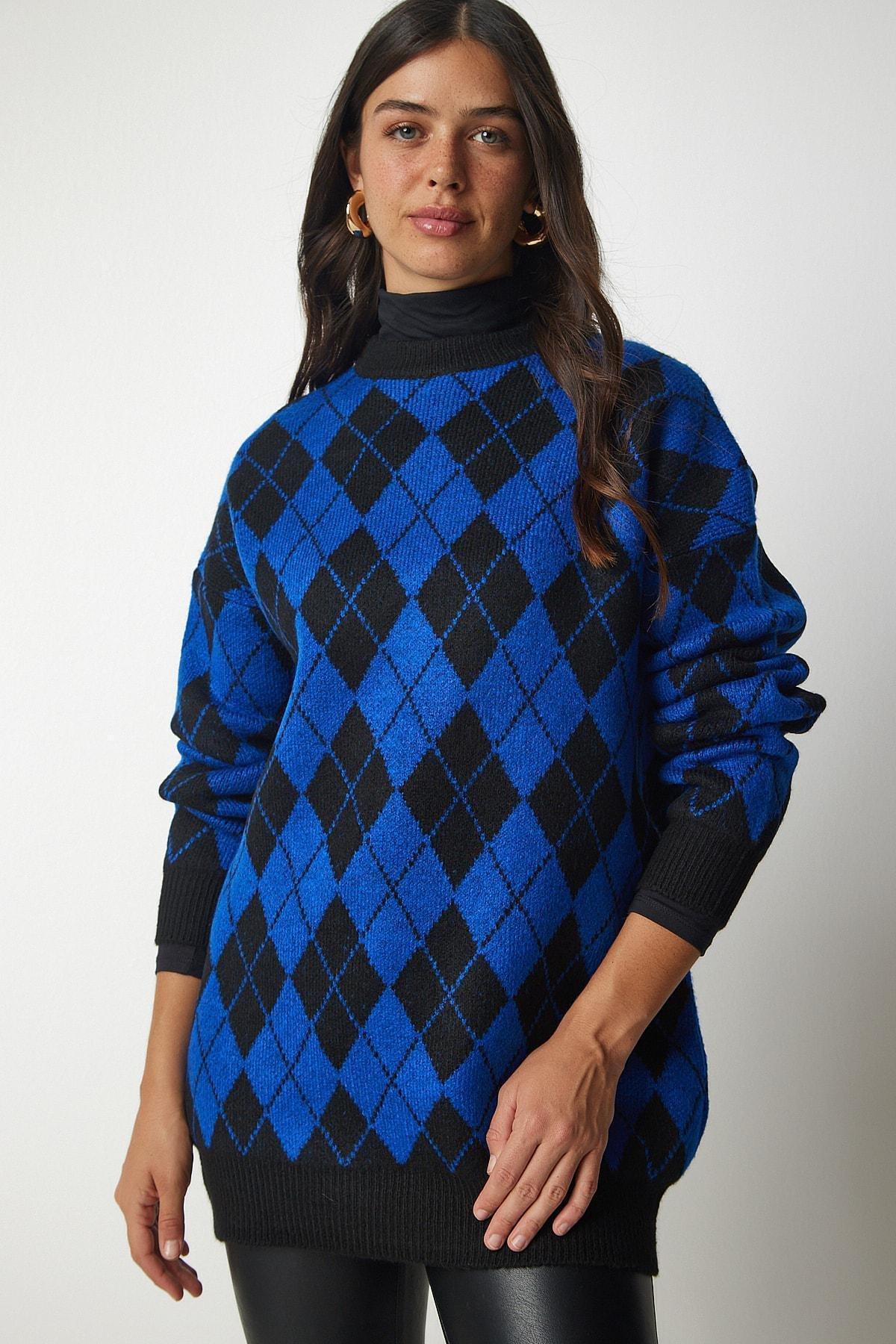 Blue Diamond Pattern Oversized Knitwear Sweater, Blue, large image number 1