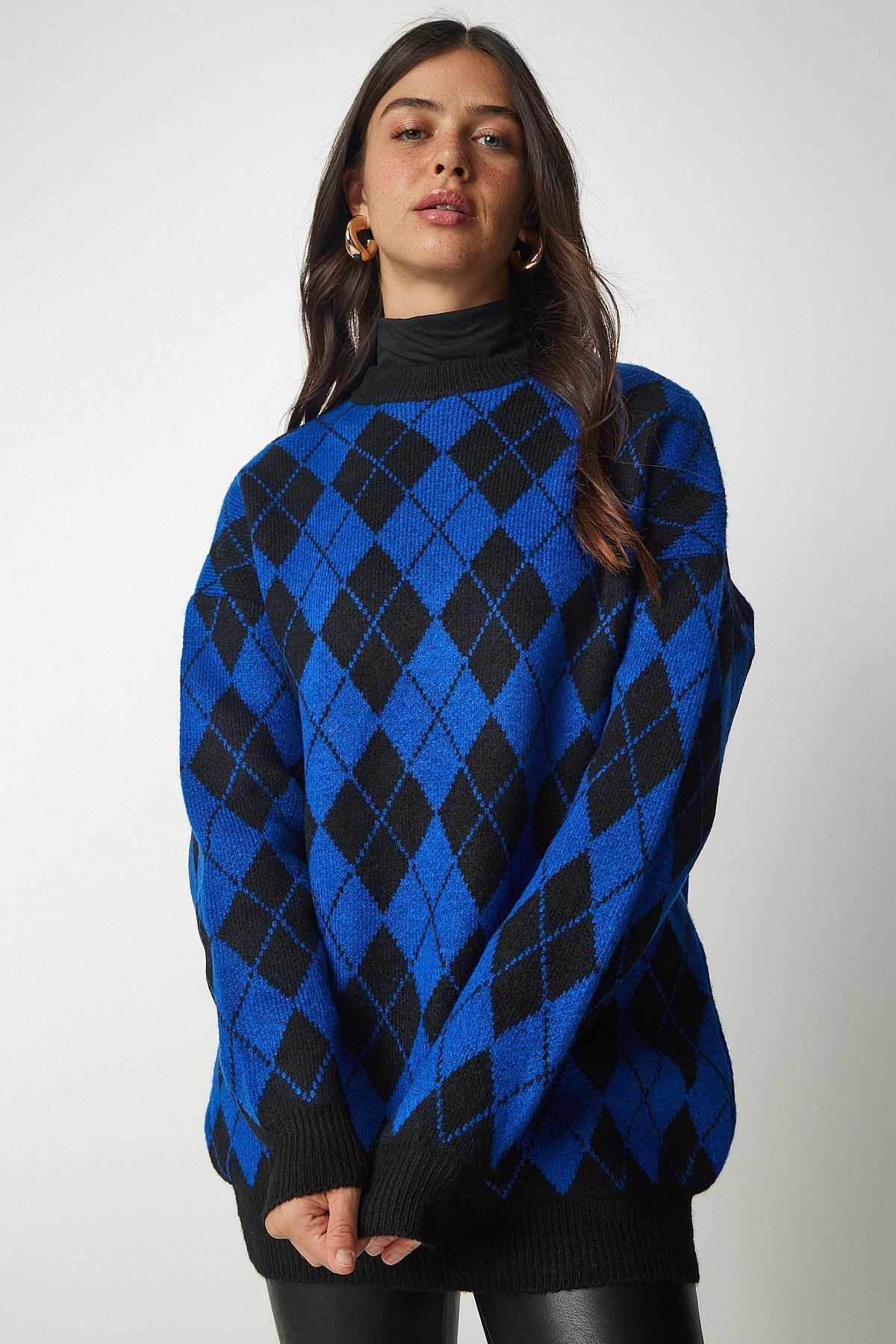 Blue Diamond Pattern Oversized Knitwear Sweater, Blue, large image number 2