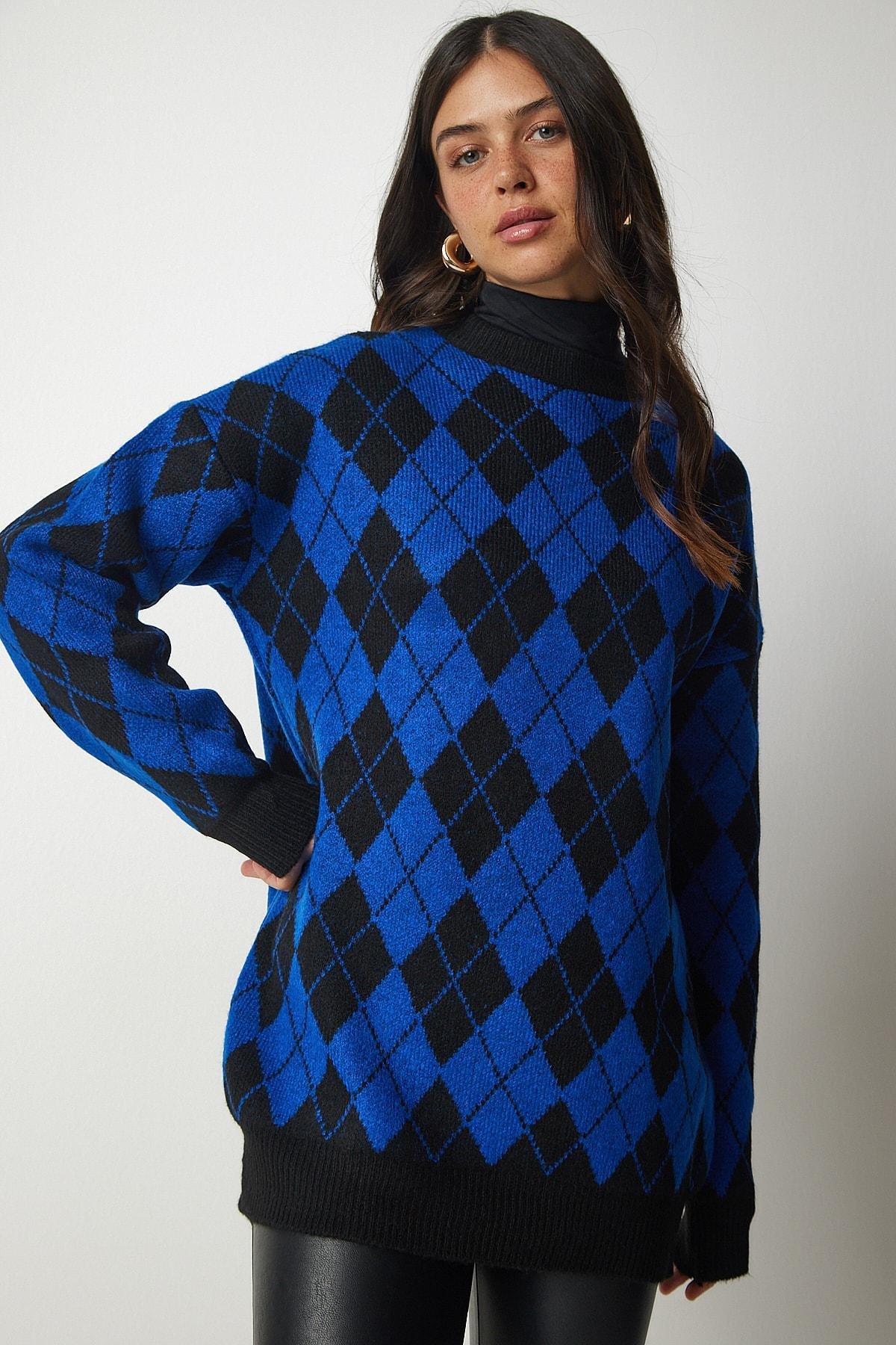 Blue Diamond Pattern Oversized Knitwear Sweater, Blue, large image number 3