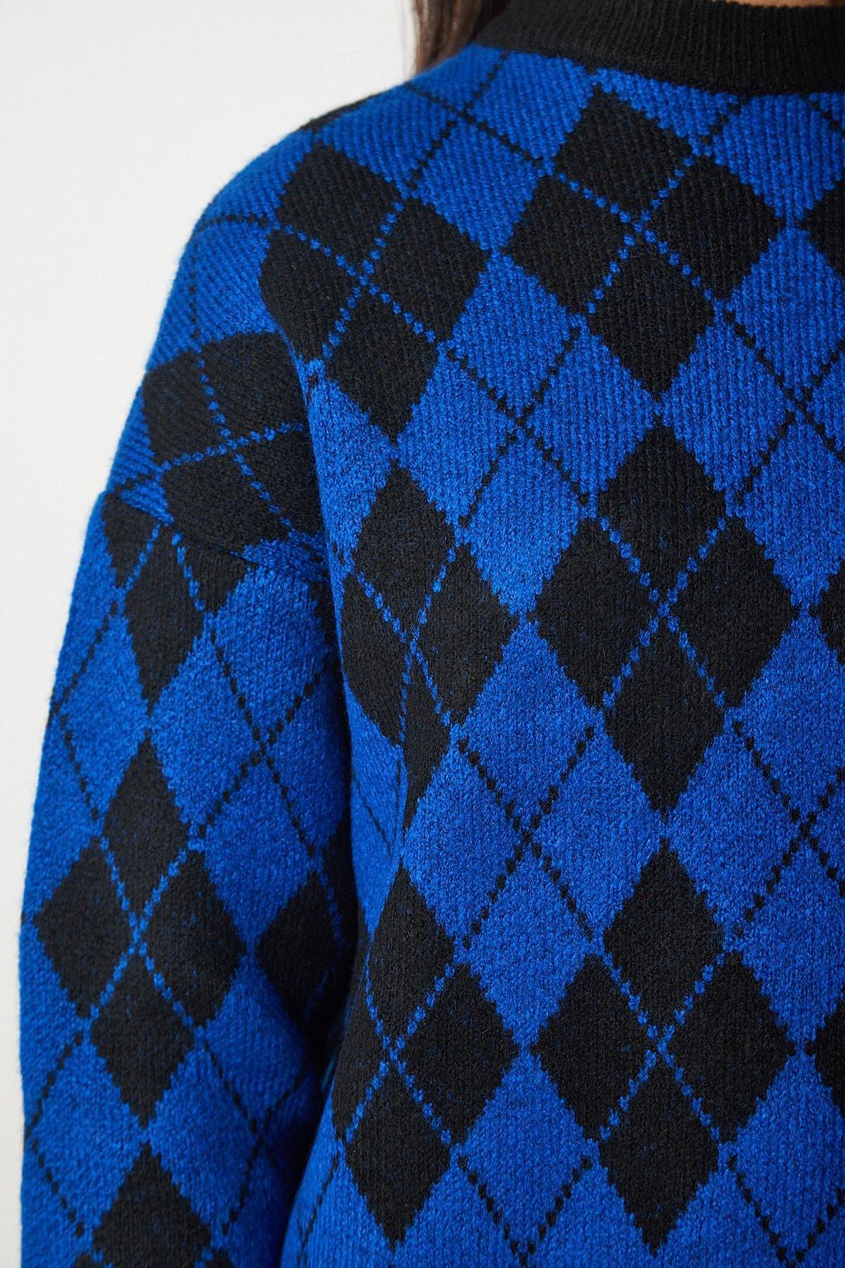 Blue Diamond Pattern Oversized Knitwear Sweater, Blue, large image number 4