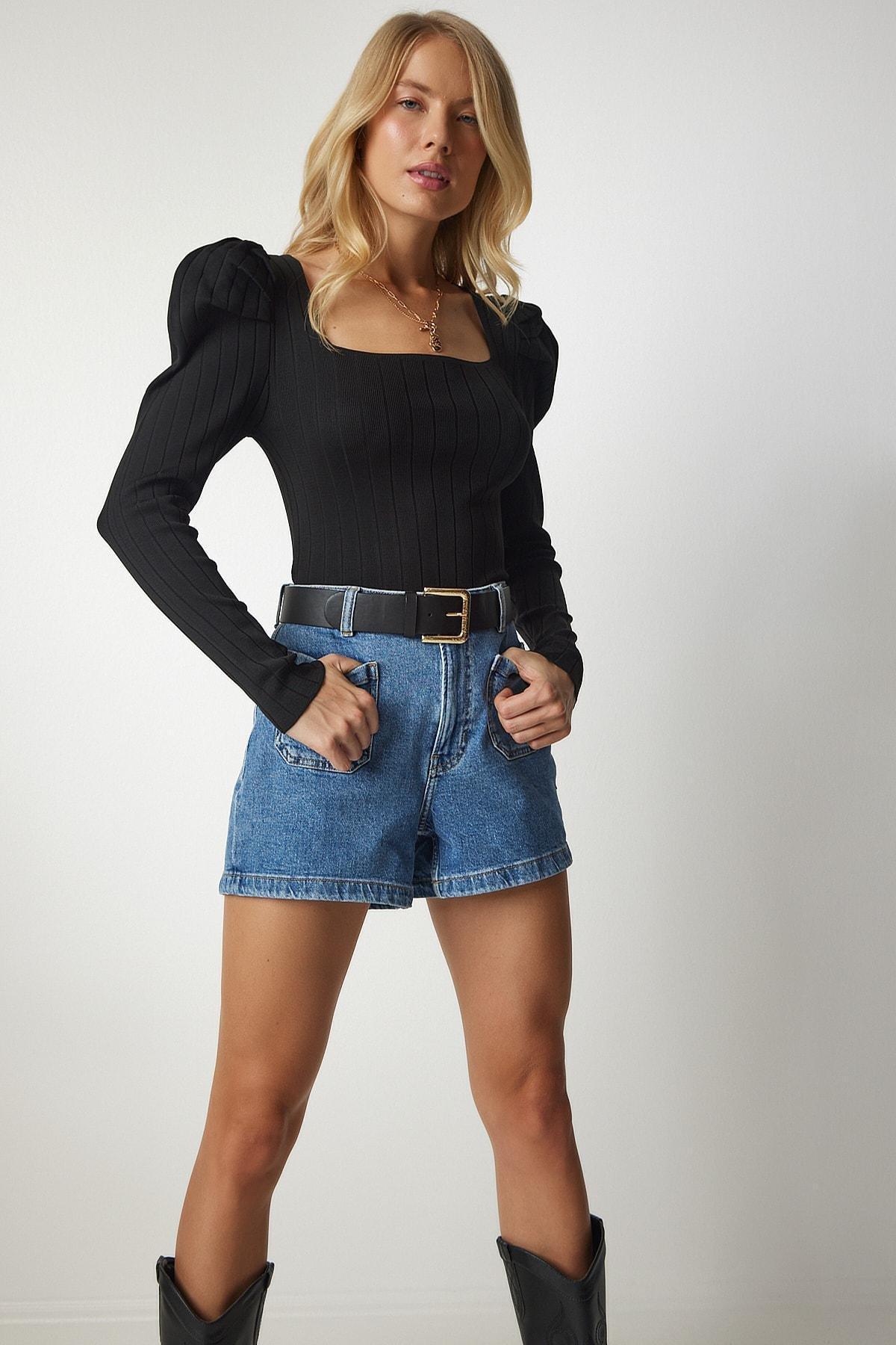 Black Square Collar Corduroy Knit Blouse, BLACK, large image number 1