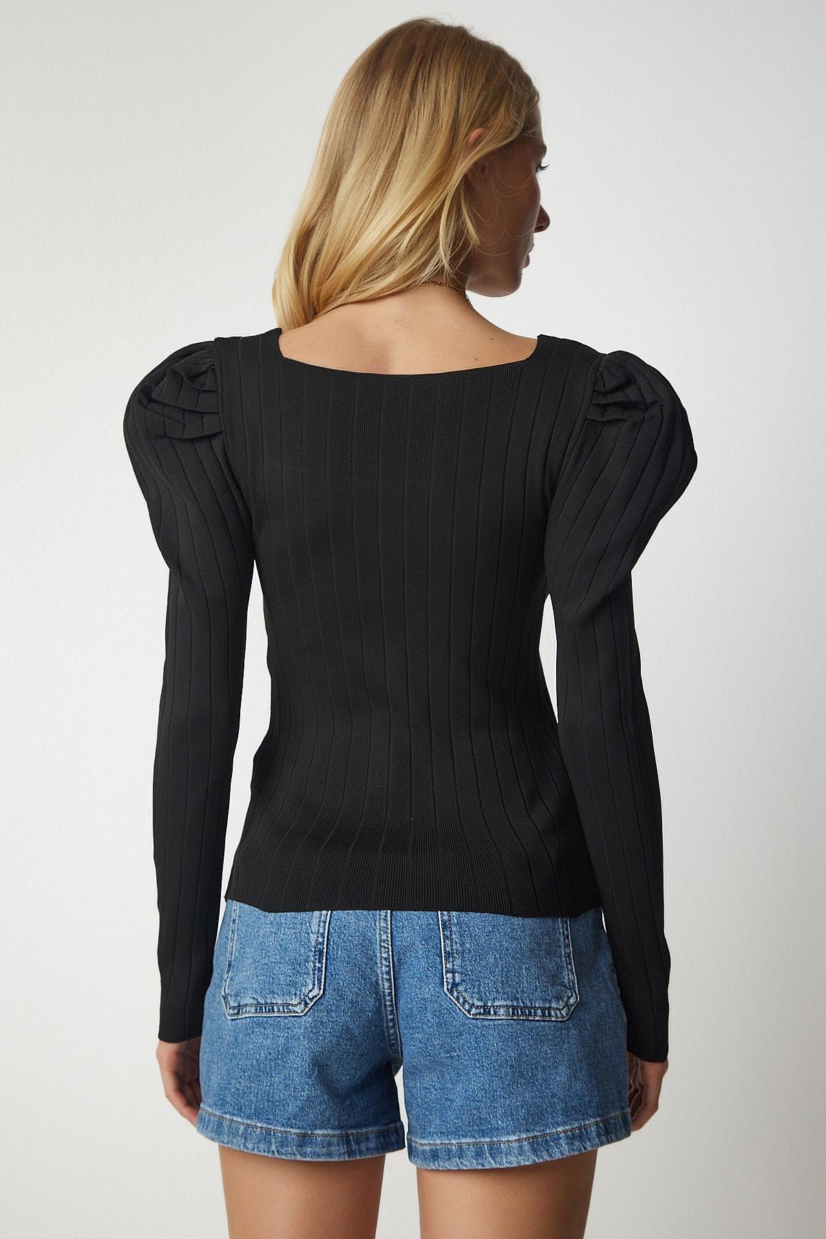 Black Square Collar Corduroy Knit Blouse, BLACK, large image number 3