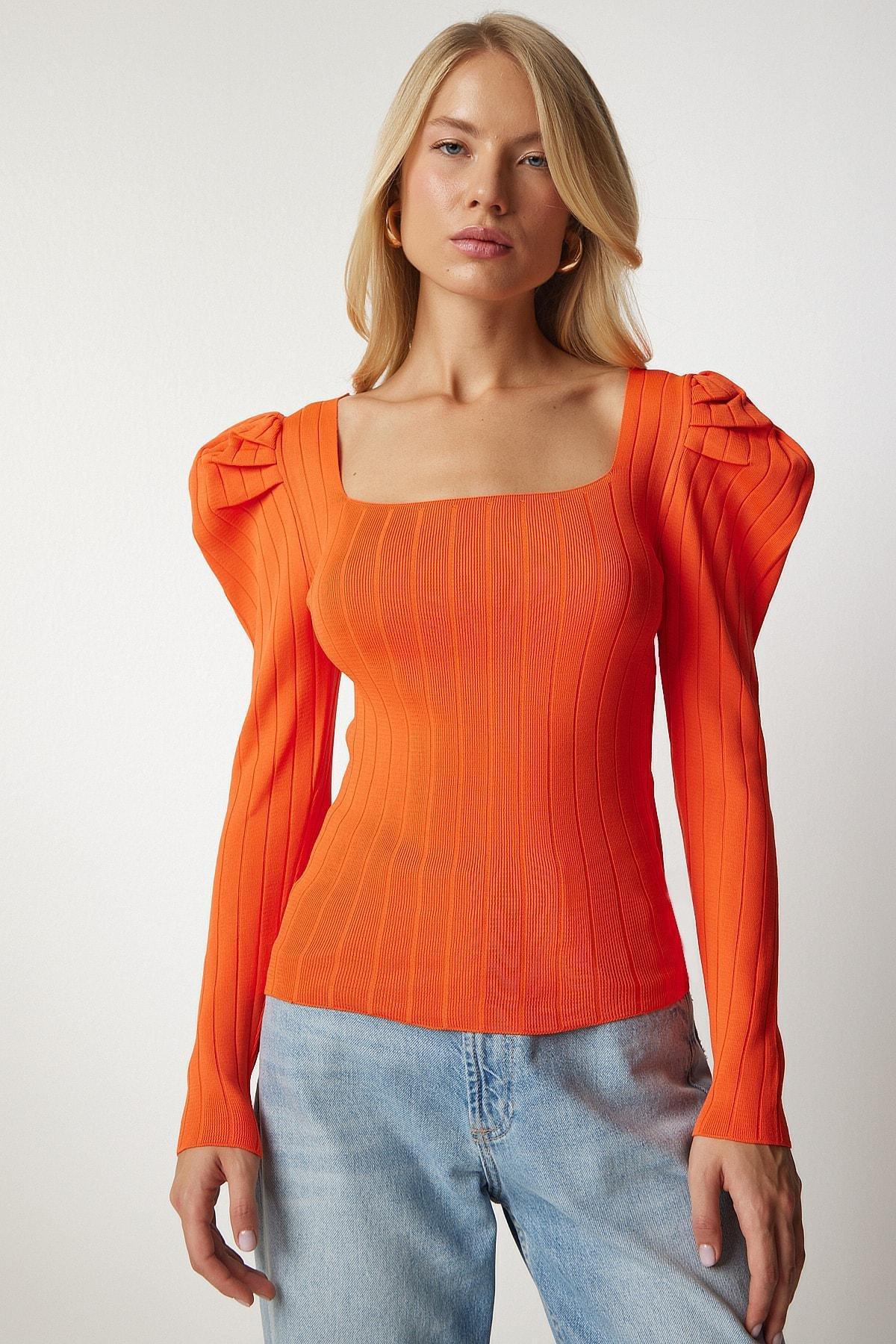 Orange Square Collar Corduroy Knit Blouse, Orange, large image number 3