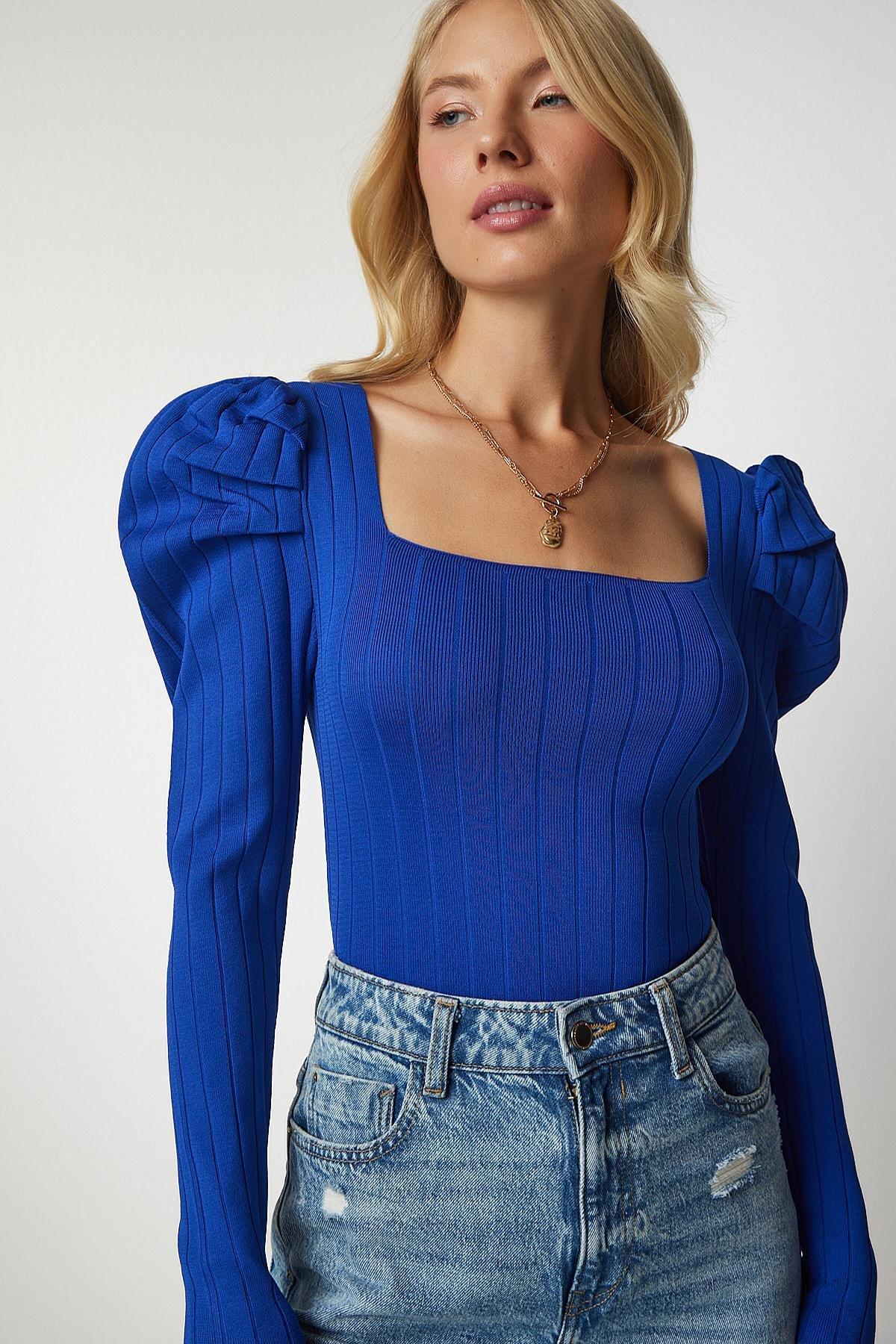 Blue Square Collar Corduroy Knitwear Blouse, Blue, large image number 1