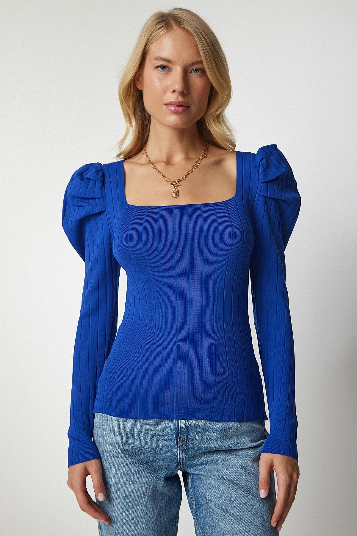 Blue Square Collar Corduroy Knitwear Blouse, Blue, large image number 2