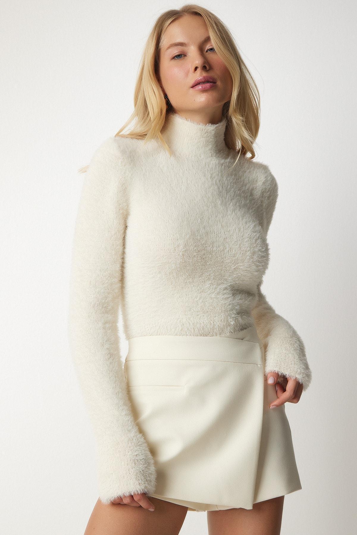 Cream Turtleneck Bearded Knitwear Sweater, Cream, large image number 0