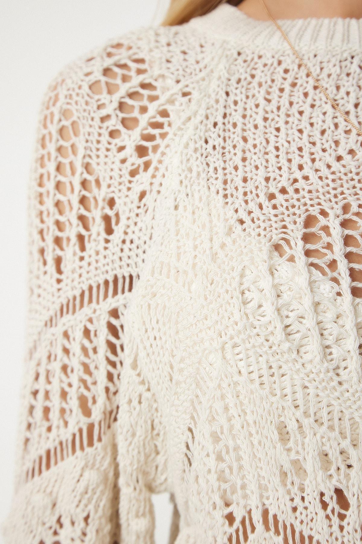 Cream Textured Openwork Knitwear Sweater, , large image number 2