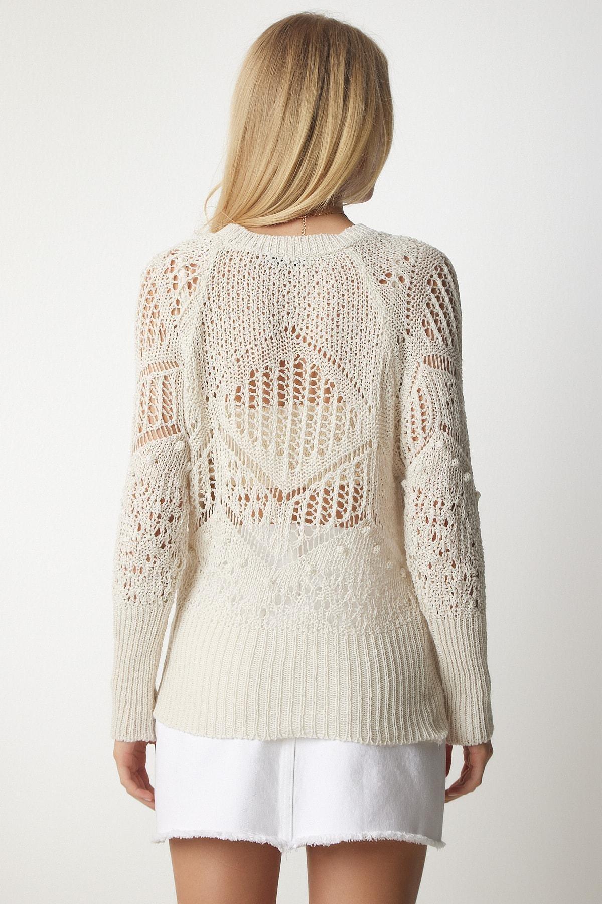 Cream Textured Openwork Knitwear Sweater, , large image number 3