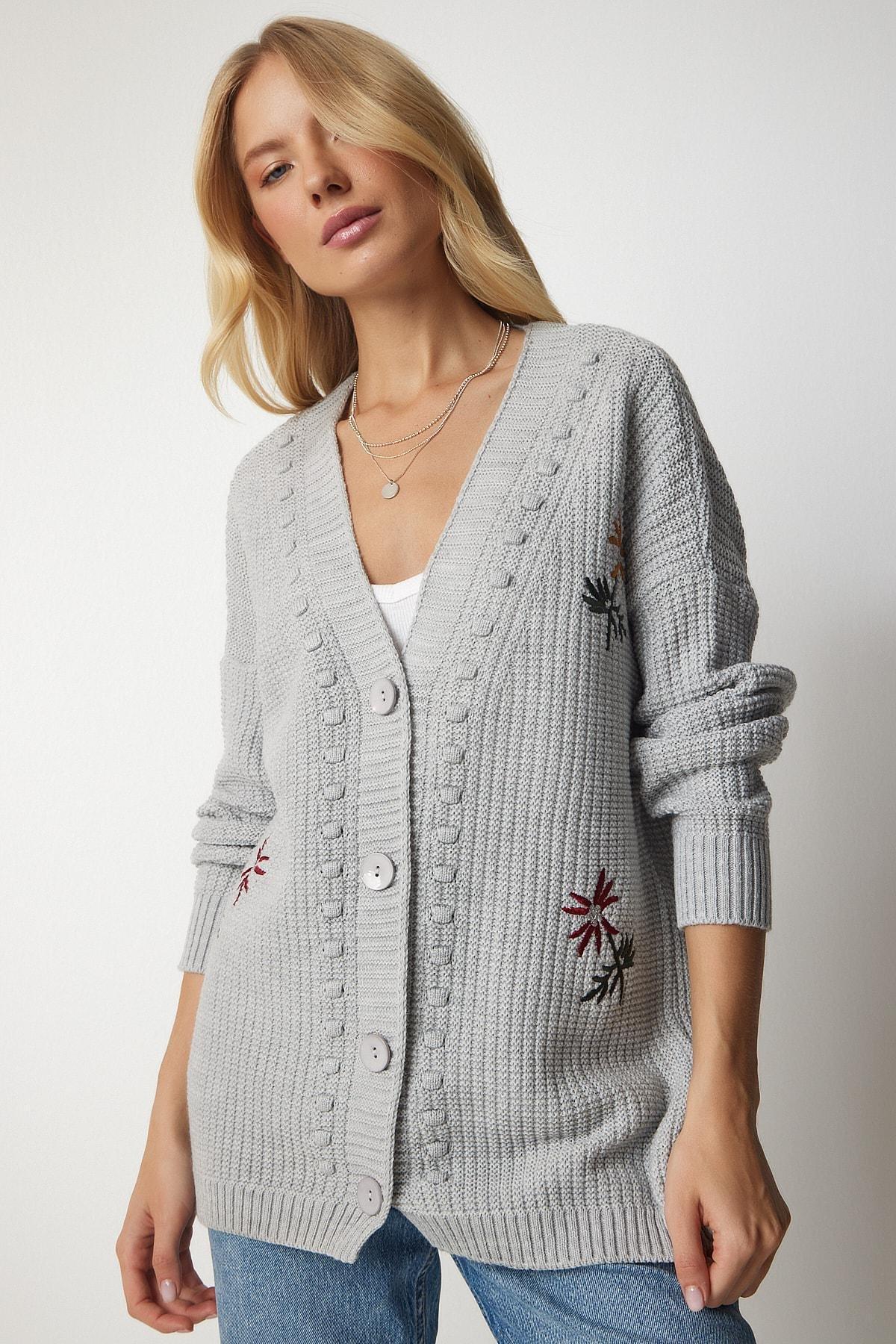 Grey Floral Embroidered Textured Knitwear Cardigan, C101_1653, large image number 2