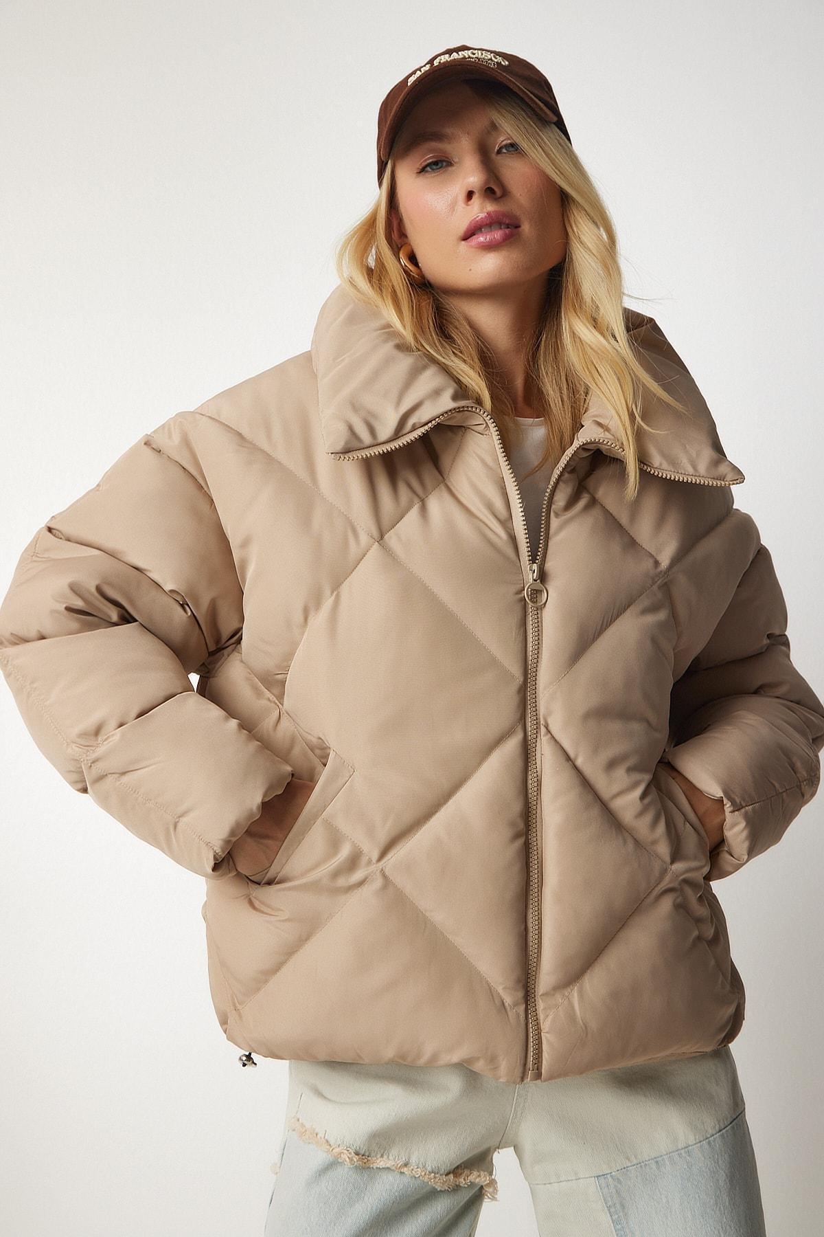 Beige Turtleneck Oversized Puffy Coat, Beige, large image number 0