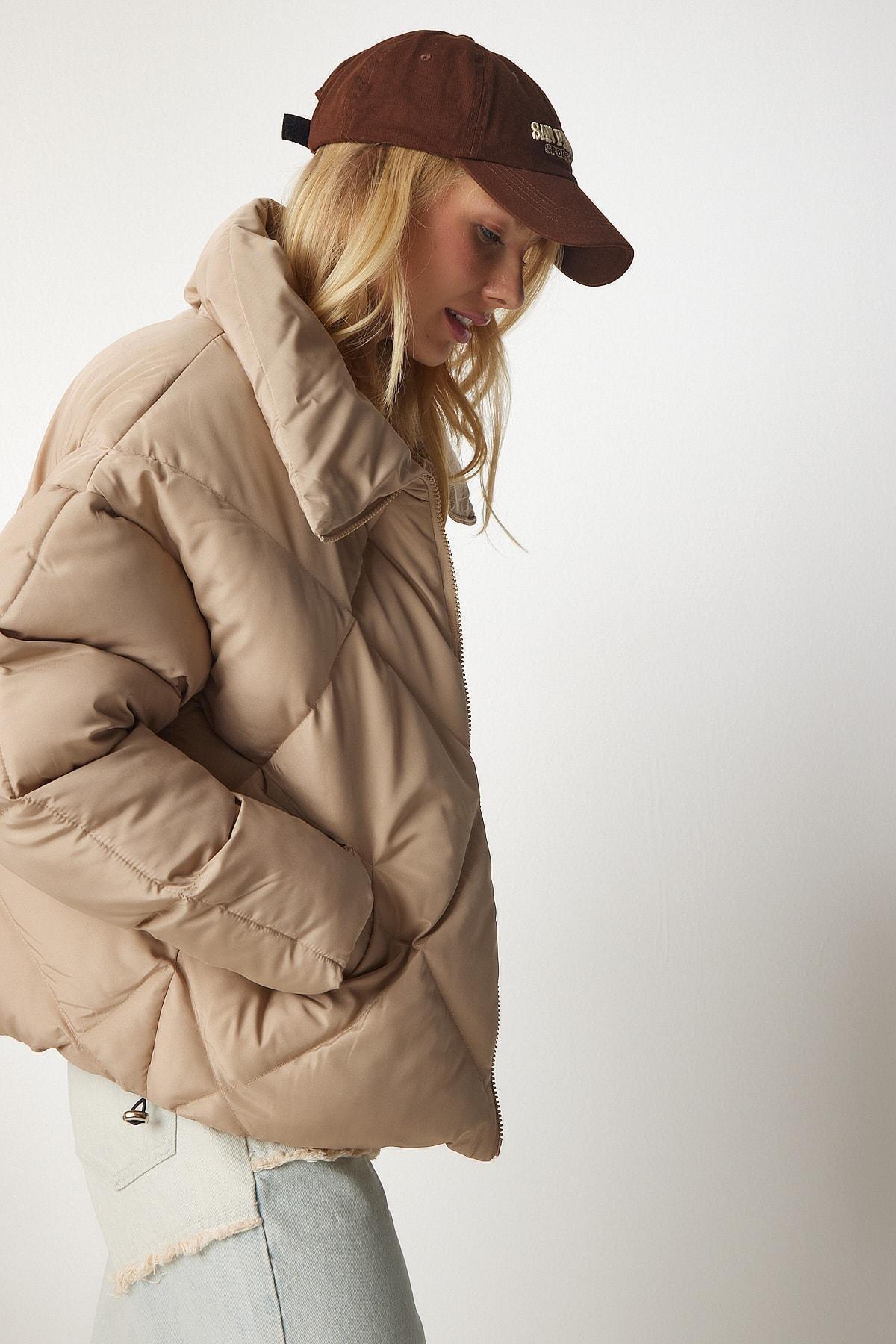 Beige Turtleneck Oversized Puffy Coat, Beige, large image number 1