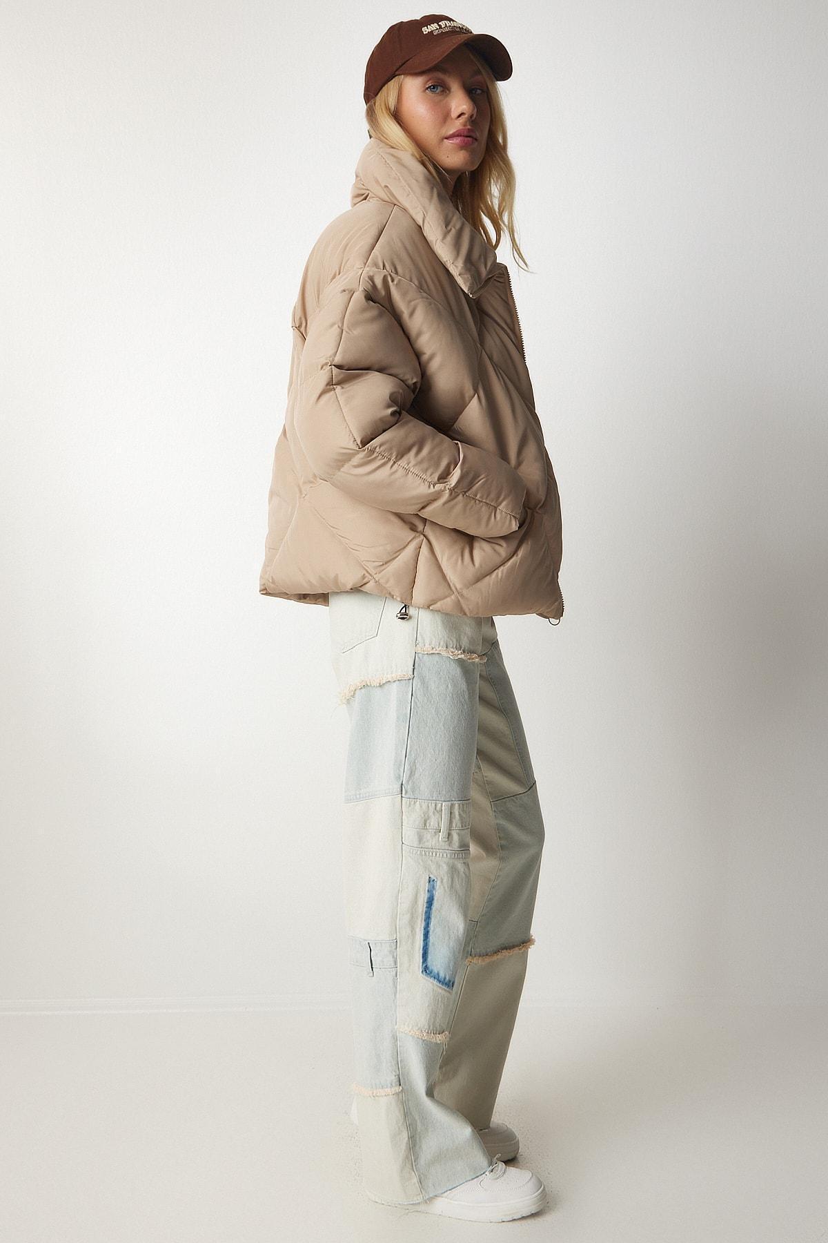 Beige Turtleneck Oversized Puffy Coat, Beige, large image number 2