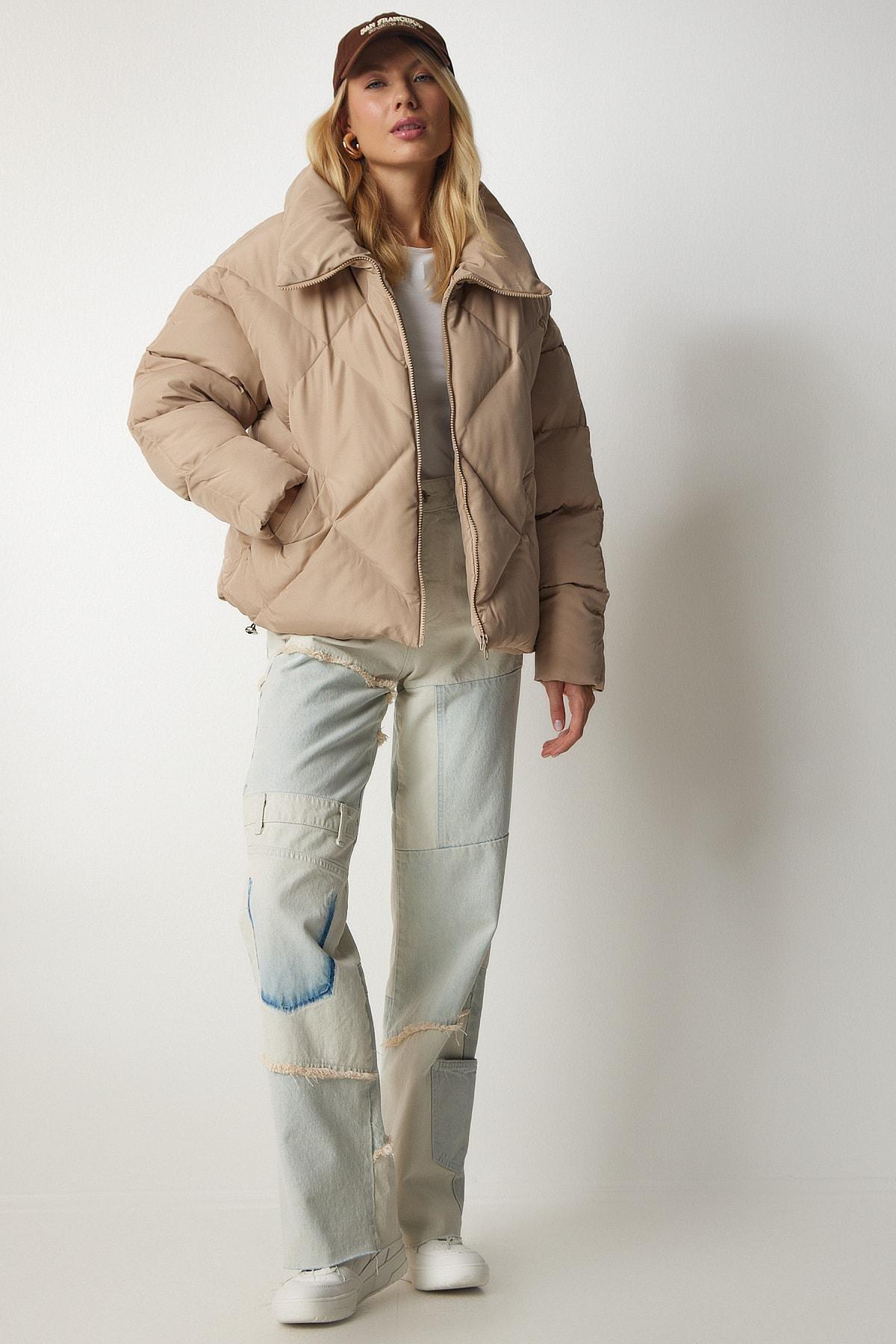 Beige Turtleneck Oversized Puffy Coat, Beige, large image number 3