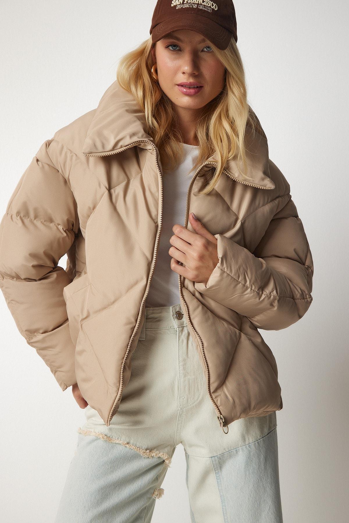Beige Turtleneck Oversized Puffy Coat, Beige, large image number 4