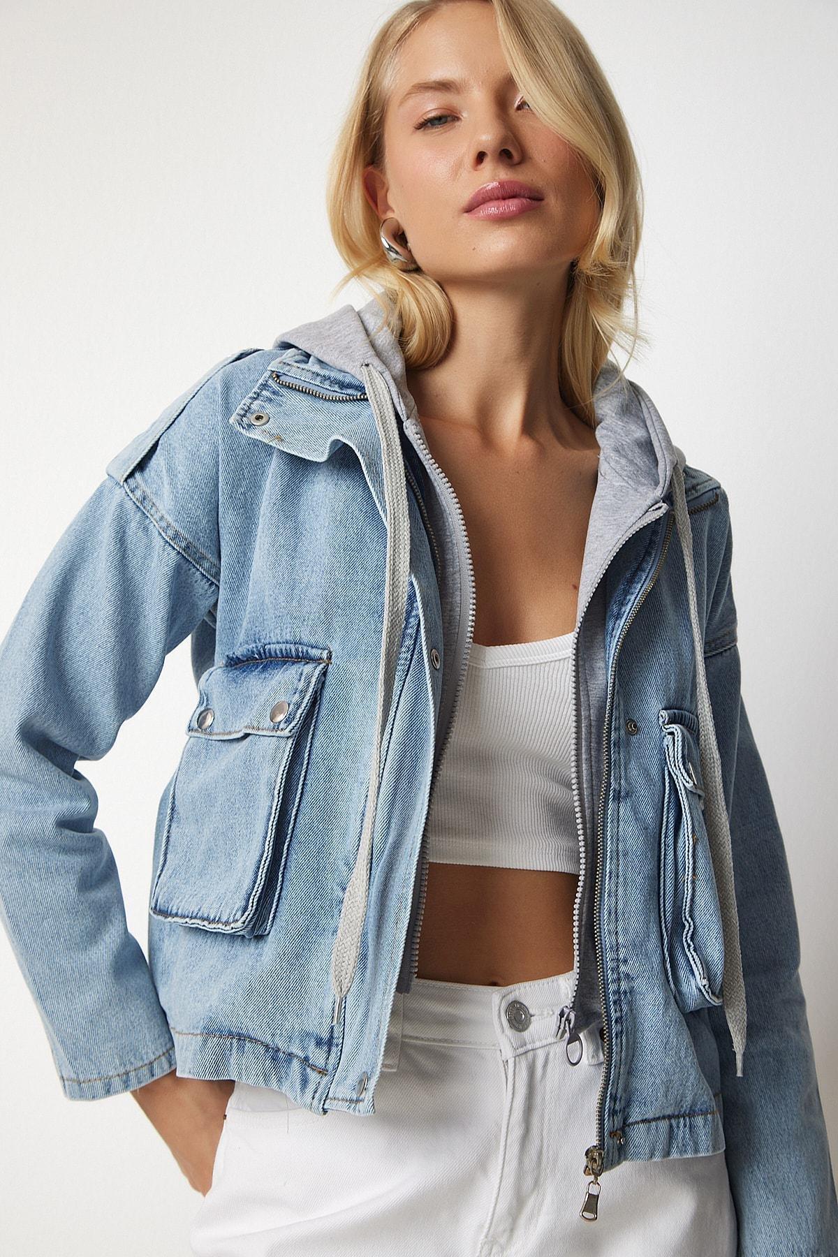 Blue Sweatshirt Detailed Hooded Denim Jacket, LIGHT BLUE, large image number 1