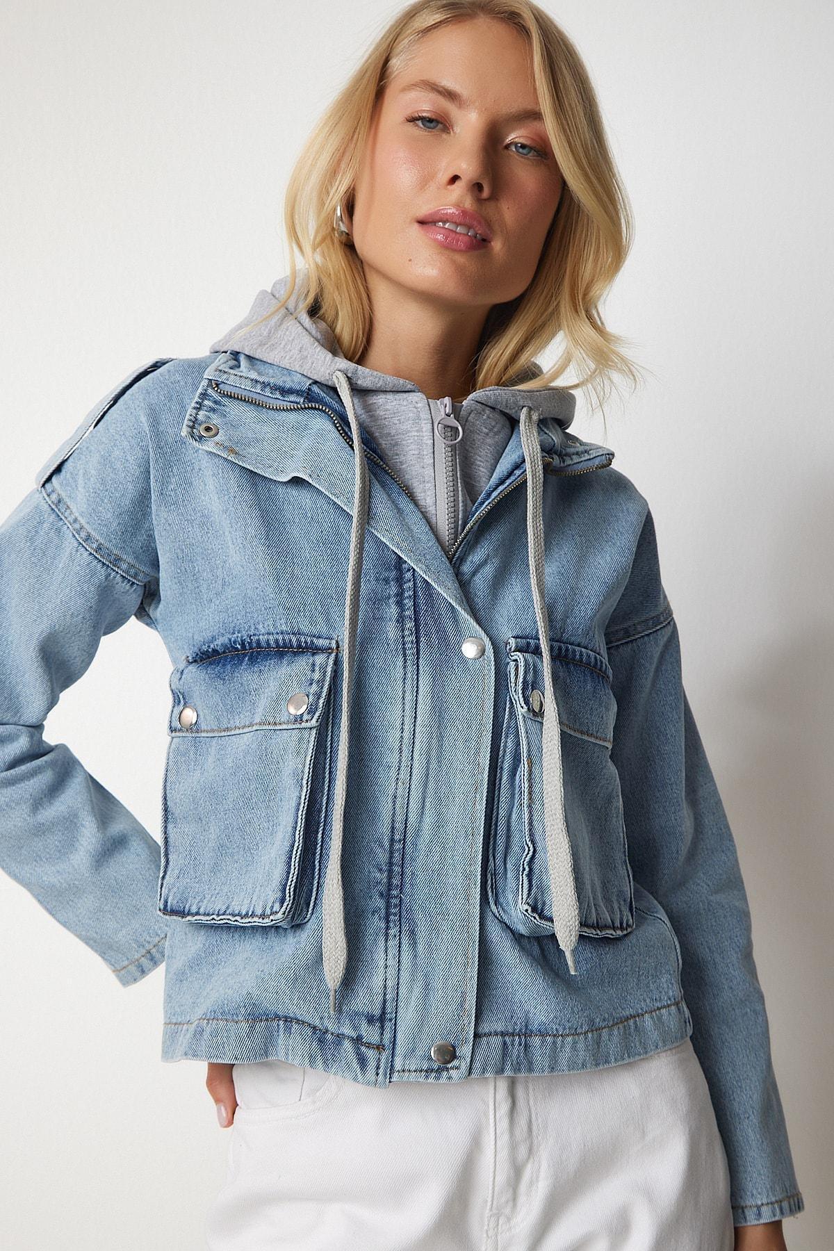 Blue Sweatshirt Detailed Hooded Denim Jacket, LIGHT BLUE, large image number 3