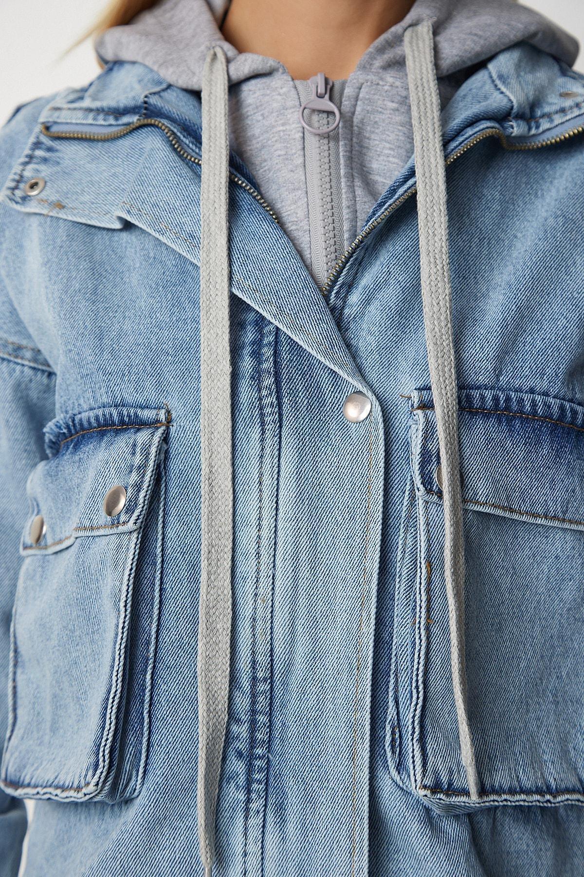 Blue Sweatshirt Detailed Hooded Denim Jacket, LIGHT BLUE, large image number 4