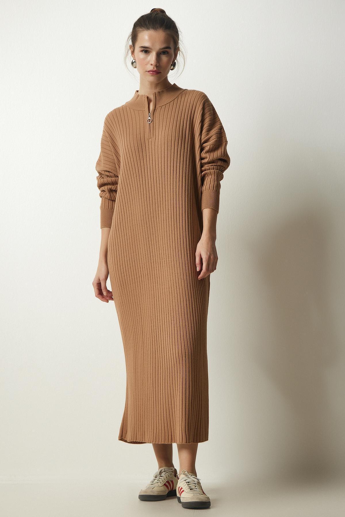 Beige Ribbed Oversize Knitwear Dress, BISCUIT, large image number 0