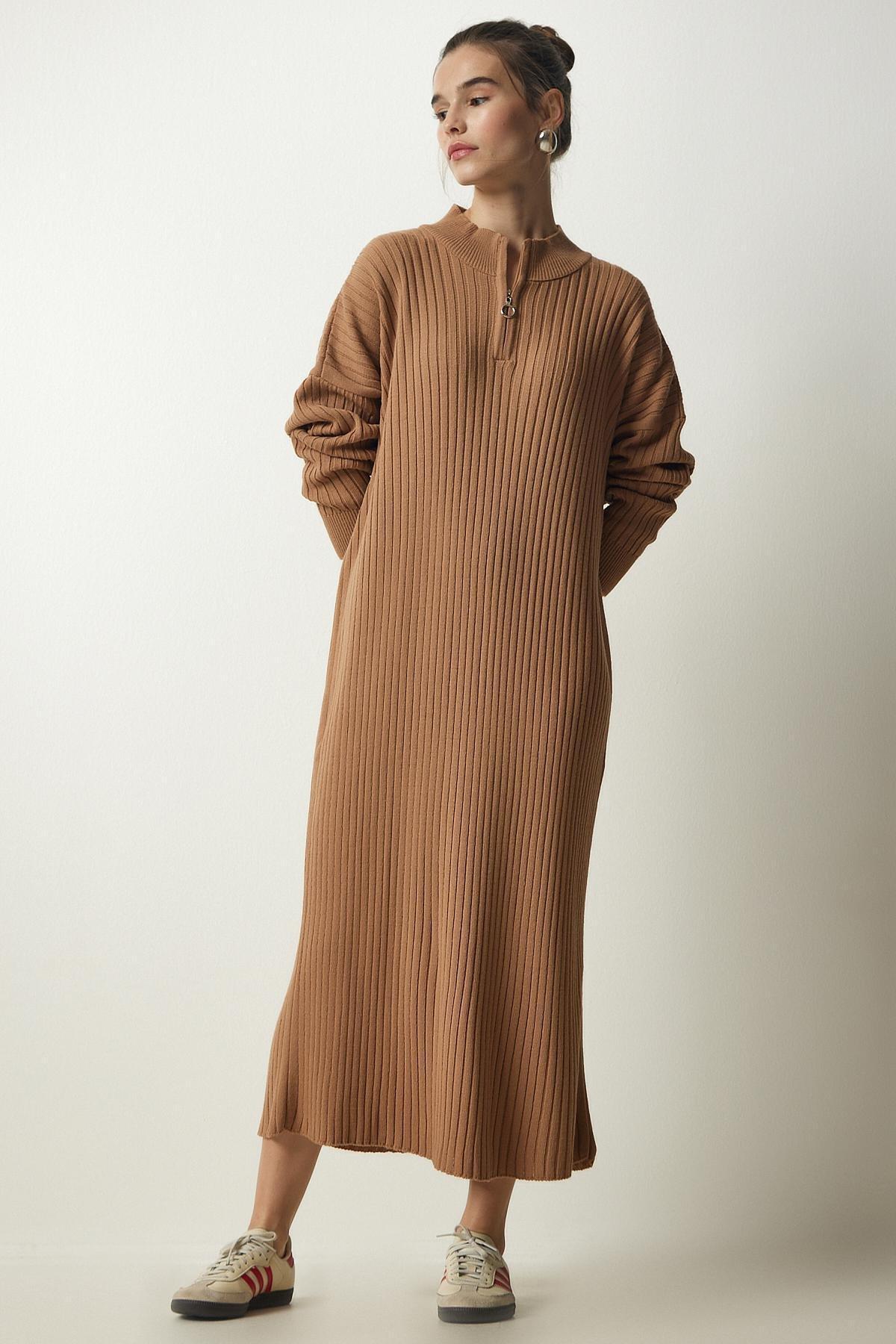 Beige Ribbed Oversize Knitwear Dress, BISCUIT, large image number 1