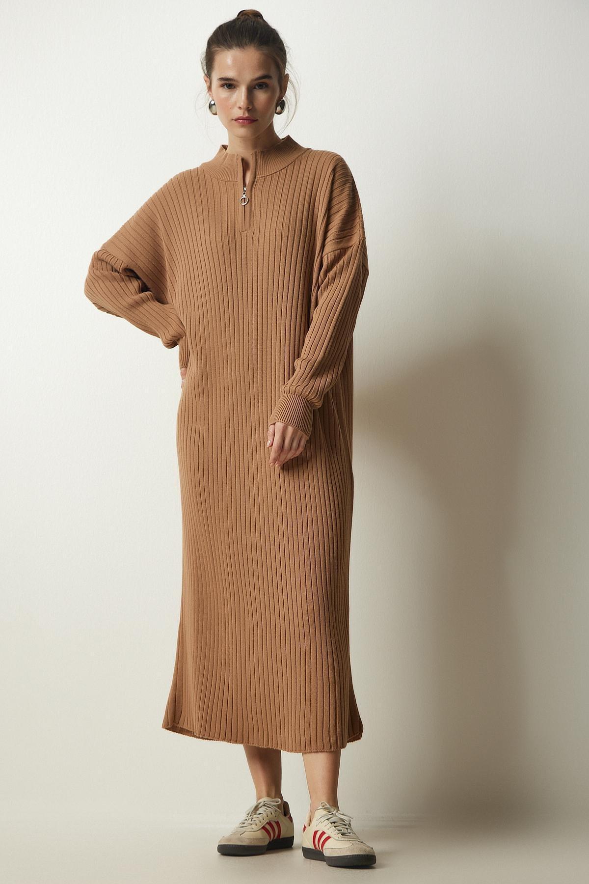 Beige Ribbed Oversize Knitwear Dress, BISCUIT, large image number 2