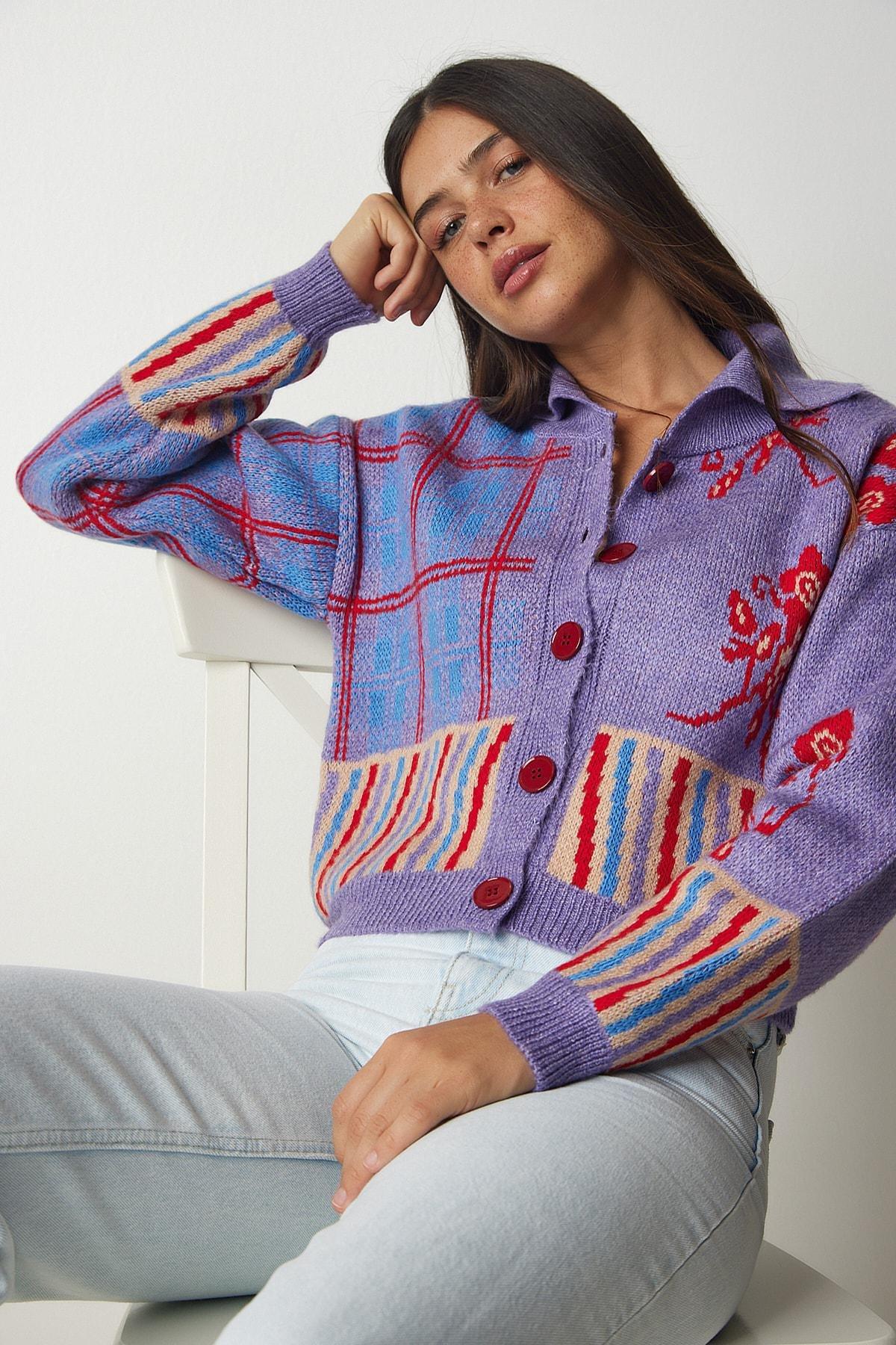 Purple Polo Neck Patterned Knitwear Cardigan, Lilac, large image number 0