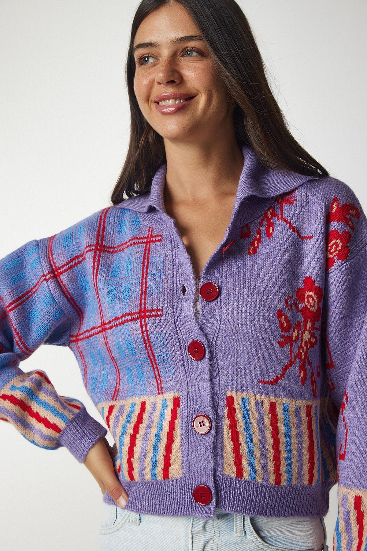 Purple Polo Neck Patterned Knitwear Cardigan, Lilac, large image number 1