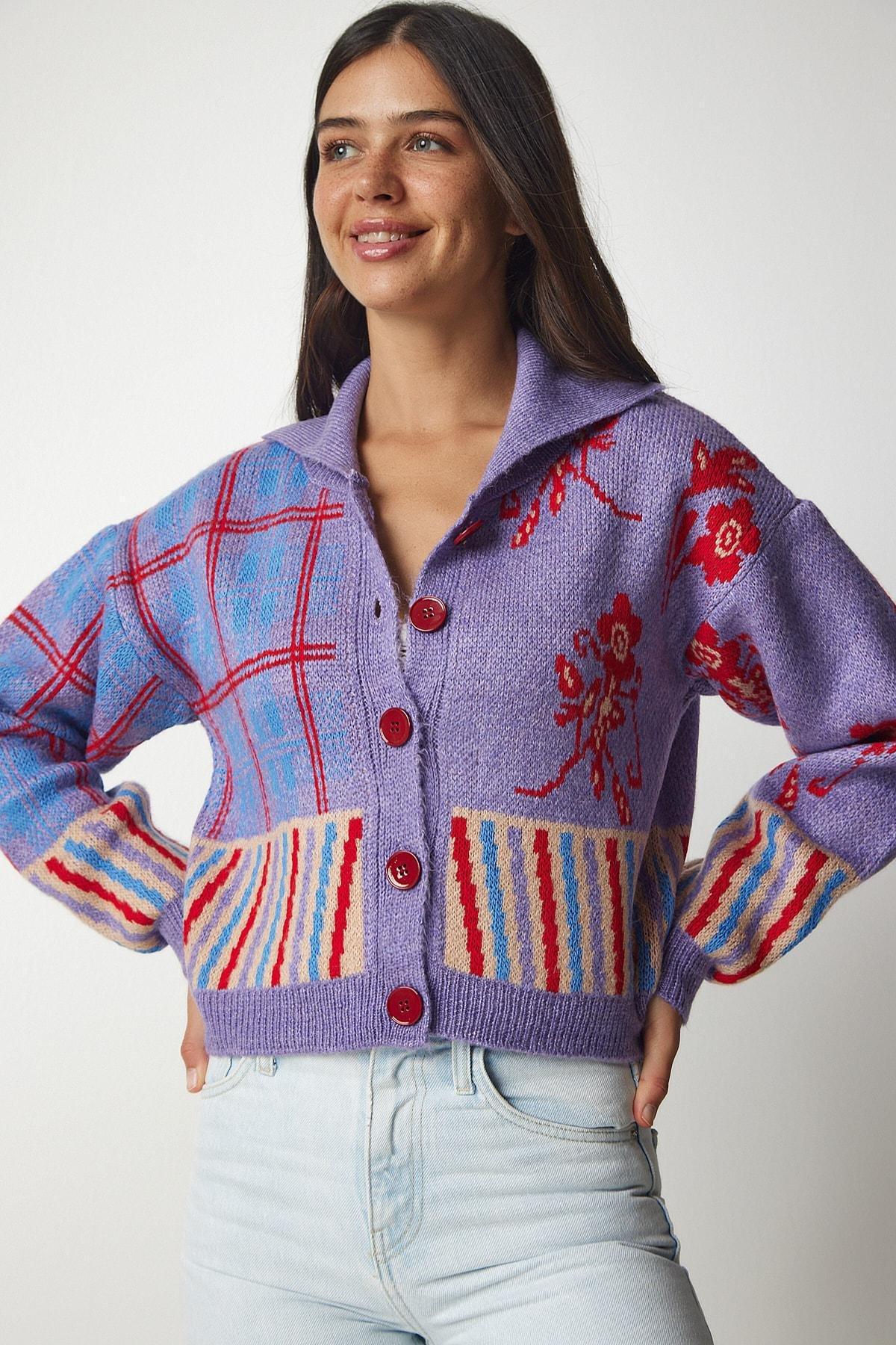 Purple Polo Neck Patterned Knitwear Cardigan, Lilac, large image number 2