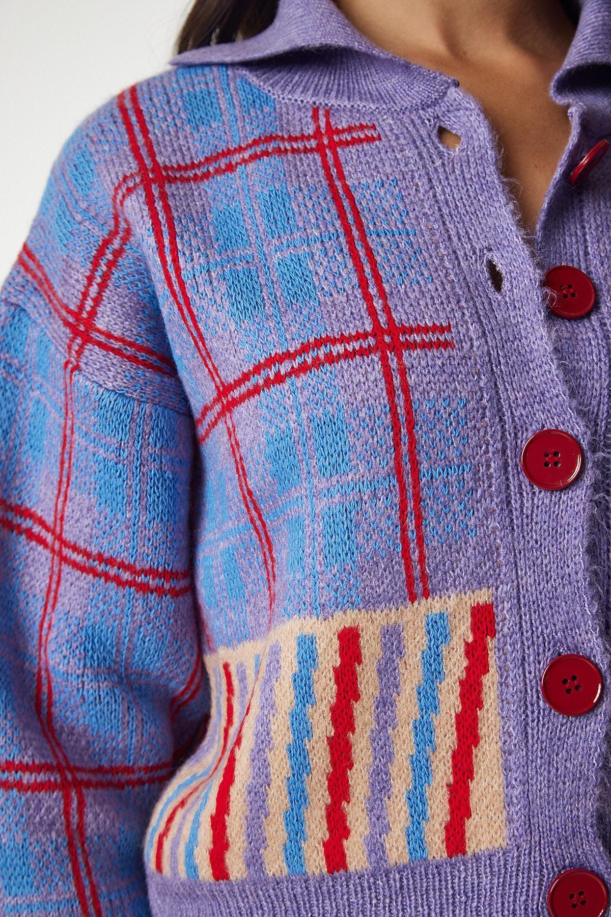 Purple Polo Neck Patterned Knitwear Cardigan, Lilac, large image number 3