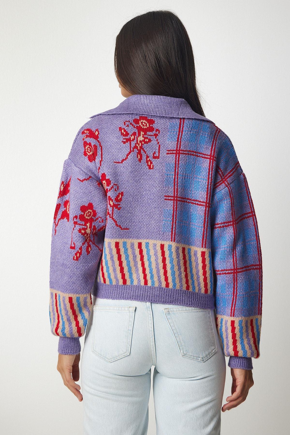 Purple Polo Neck Patterned Knitwear Cardigan, Lilac, large image number 4