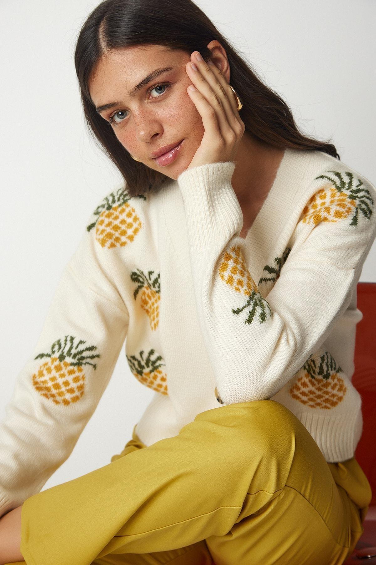 Cream Patterned Sweater Cardigan, C101_1567, large image number 0