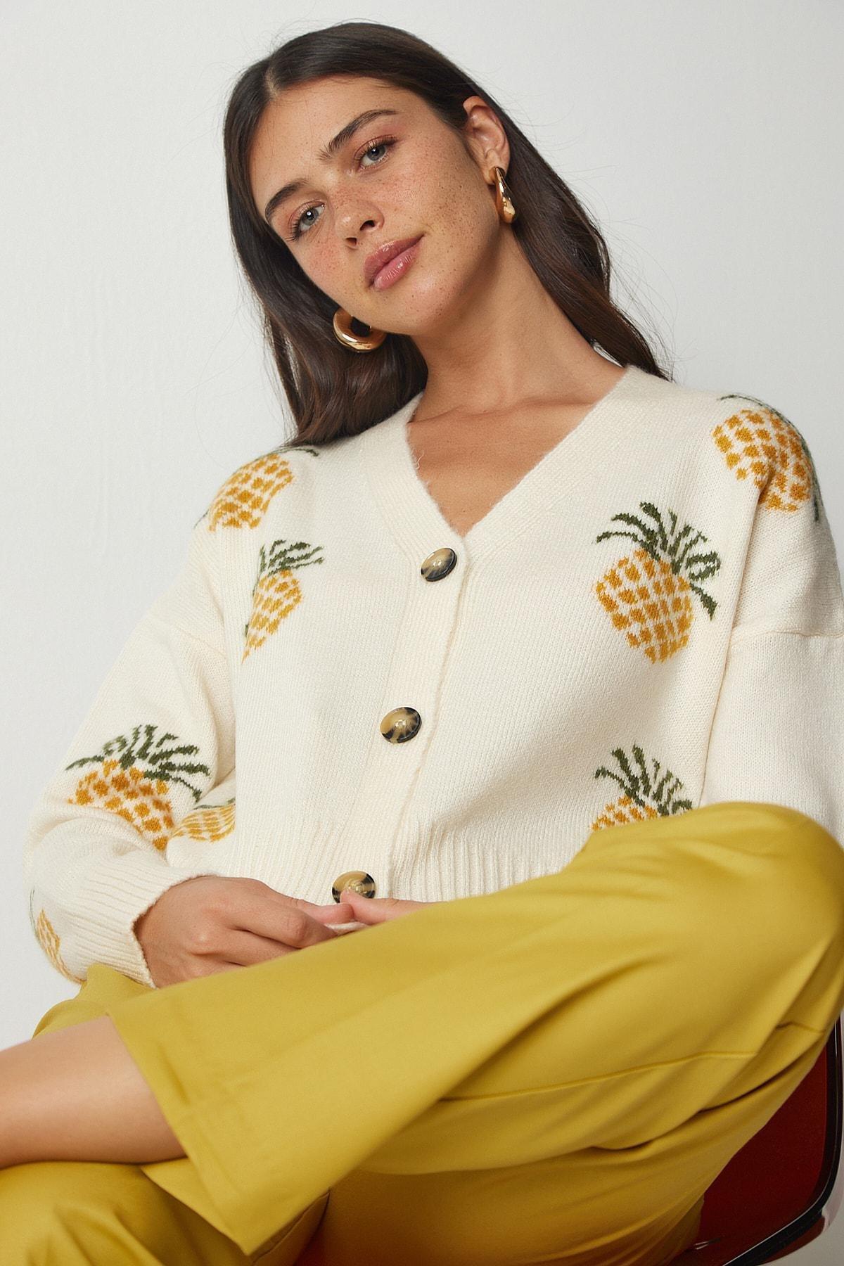 Cream Patterned Sweater Cardigan, C101_1567, large image number 1