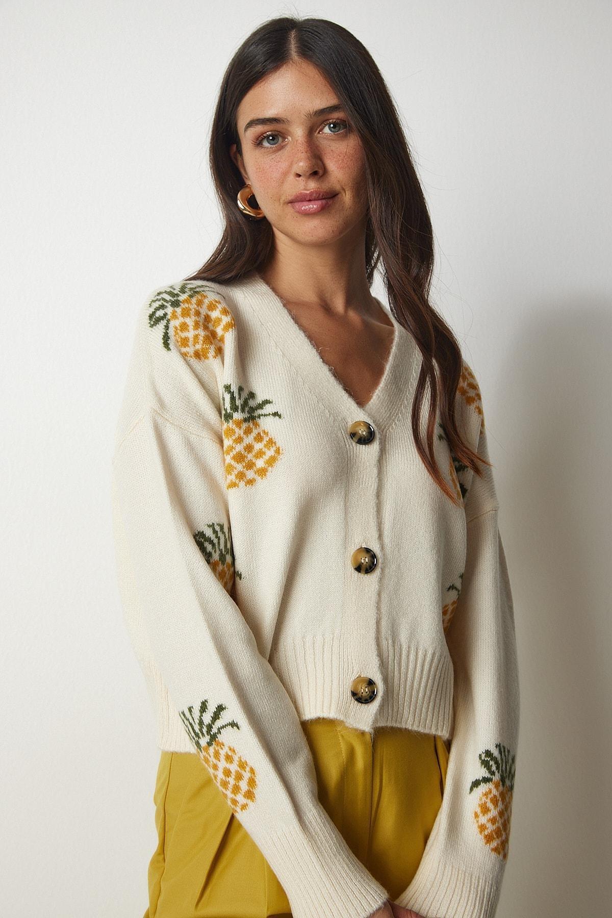 Cream Patterned Sweater Cardigan, C101_1567, large image number 2