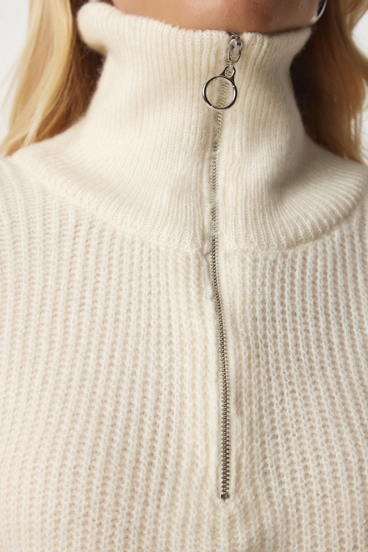 Cream Zipper Collar Knitwear Sweater, Cream, large image number 4