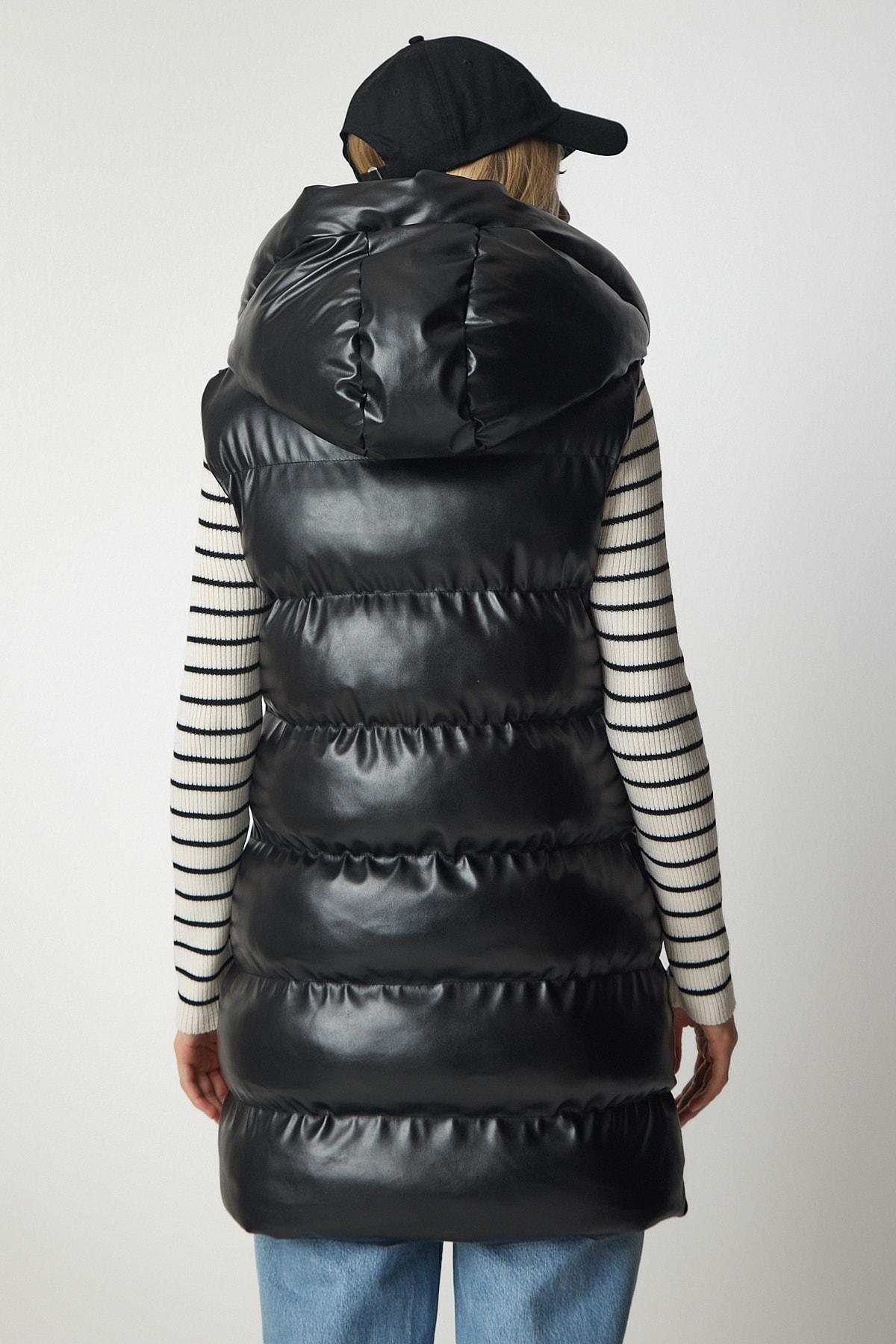Happiness Istanbul - Black Hooded Long Inflatable Faux Leather Vest