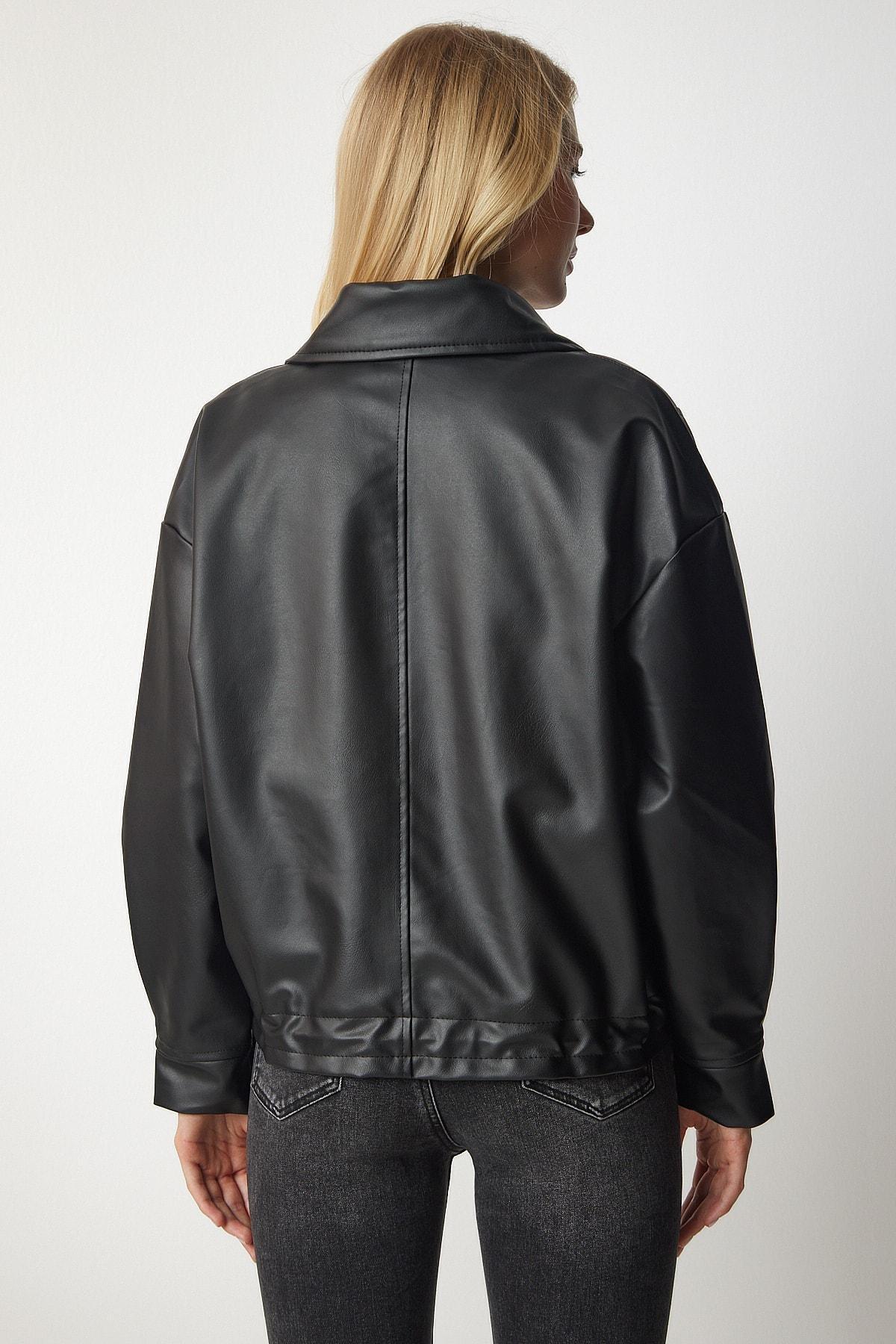 Black Oversize Faux Leather Jacket, , large image number 4
