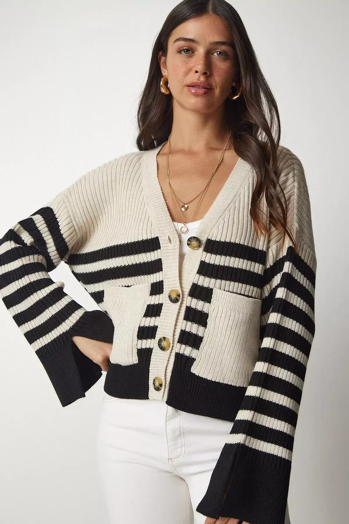 Multicolour Striped Knitwear Cardigan, Beige Black, large image number 0