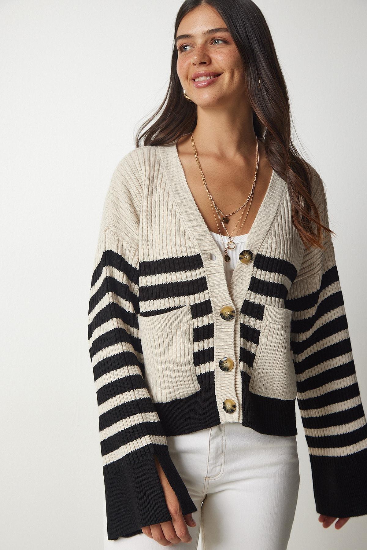 Multicolour Striped Knitwear Cardigan, Beige Black, large image number 1