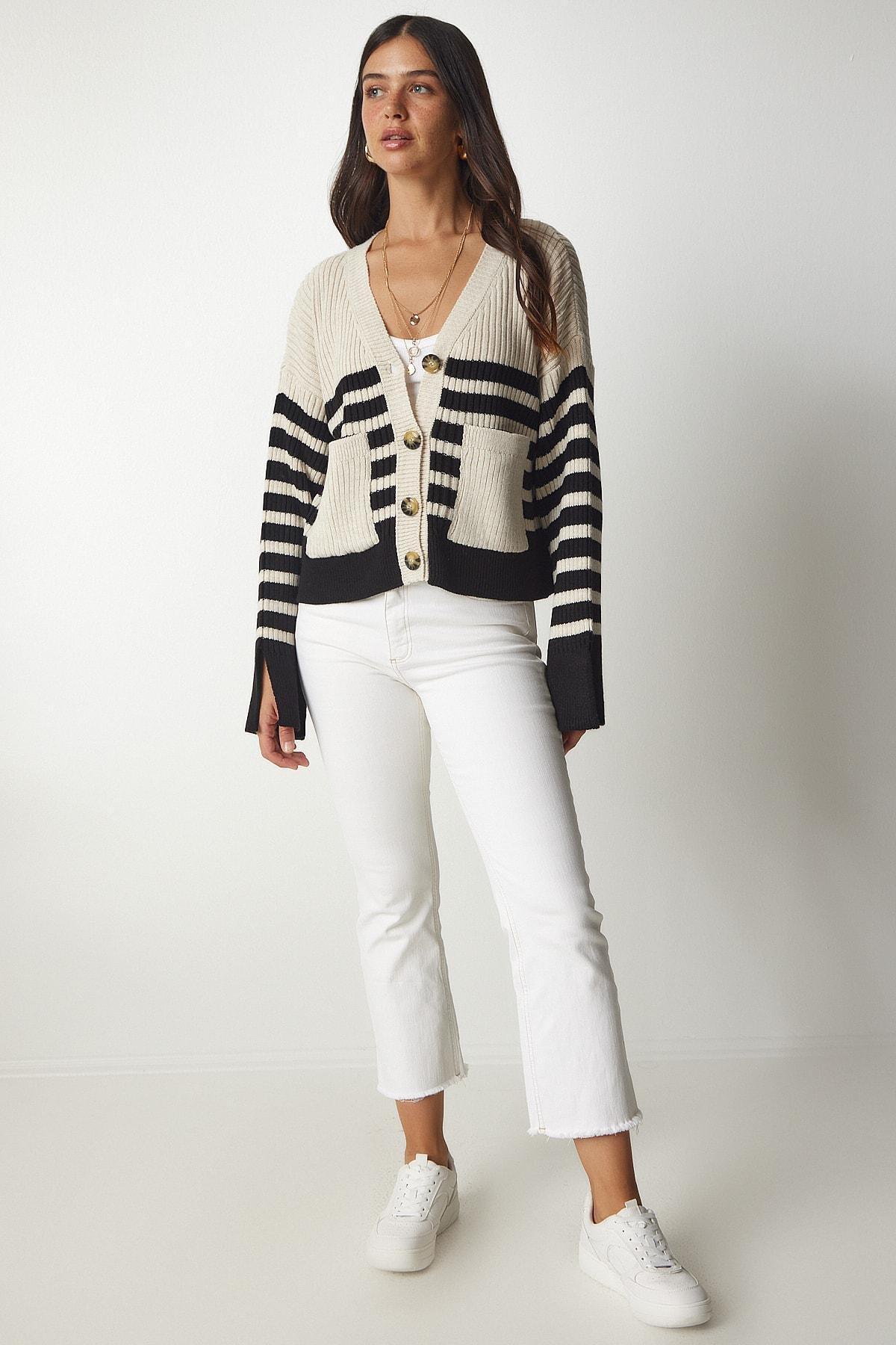 Multicolour Striped Knitwear Cardigan, Beige Black, large image number 2