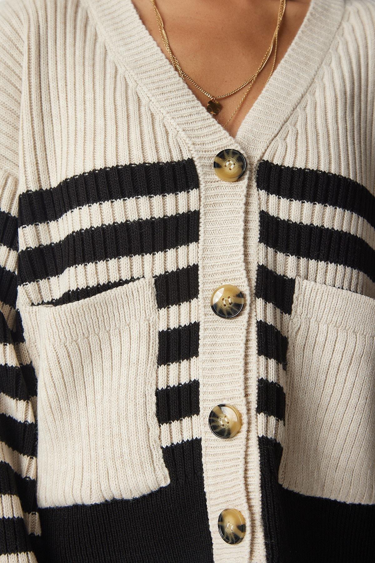 Multicolour Striped Knitwear Cardigan, Beige Black, large image number 3